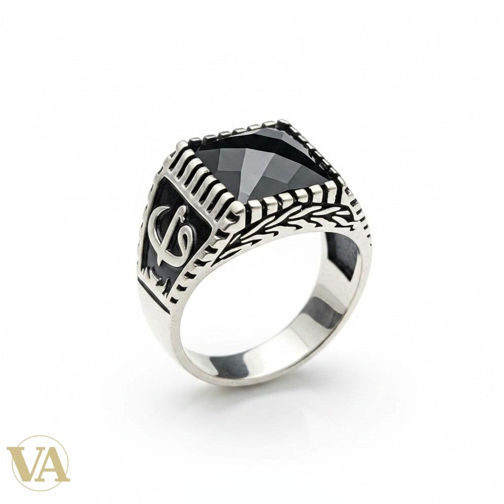Chevalière Homme Argent 925 Onyx Noir Calligraphie Arabe Arabesques Ottoman-Vindicta : Bijoux Argent 925 Massif, Luxe et Héritage