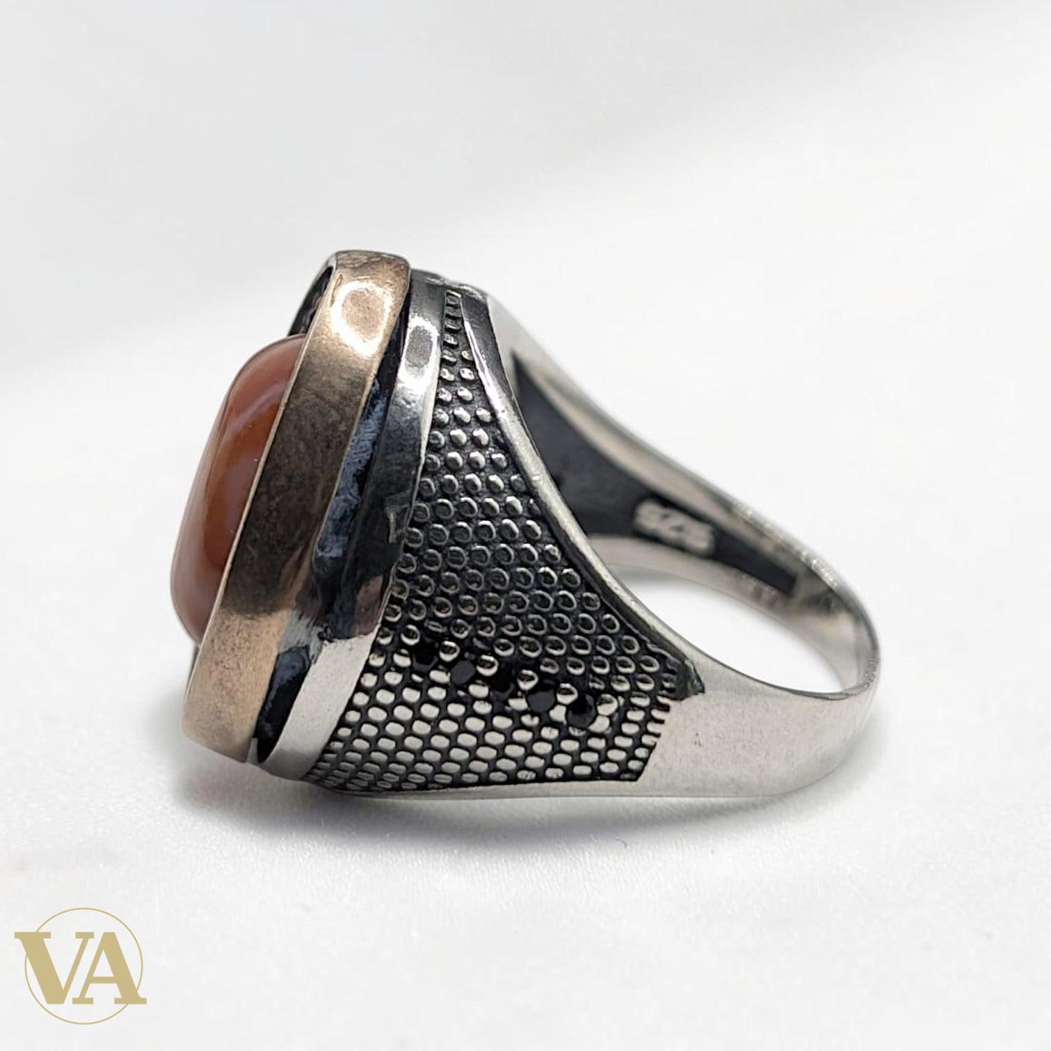 Chevalière Homme Argent 925 Agate Ribanée Ovale Halo Zircons Noirs - Argent 925 - Vindicta