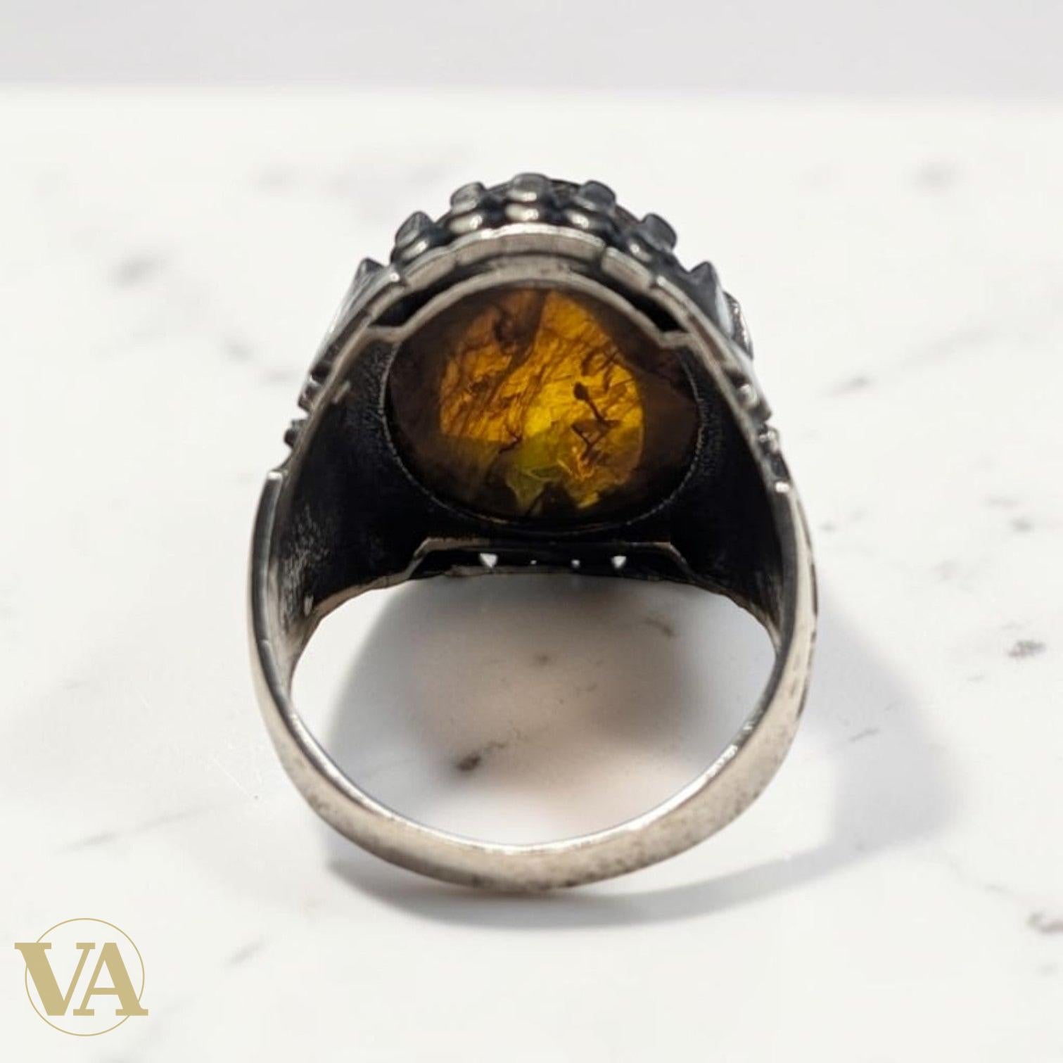 Chevalière Homme Argent 925 Ambre Jaune Naturel Sertissage Griffes Sculpté - Argent 925 - Vindicta