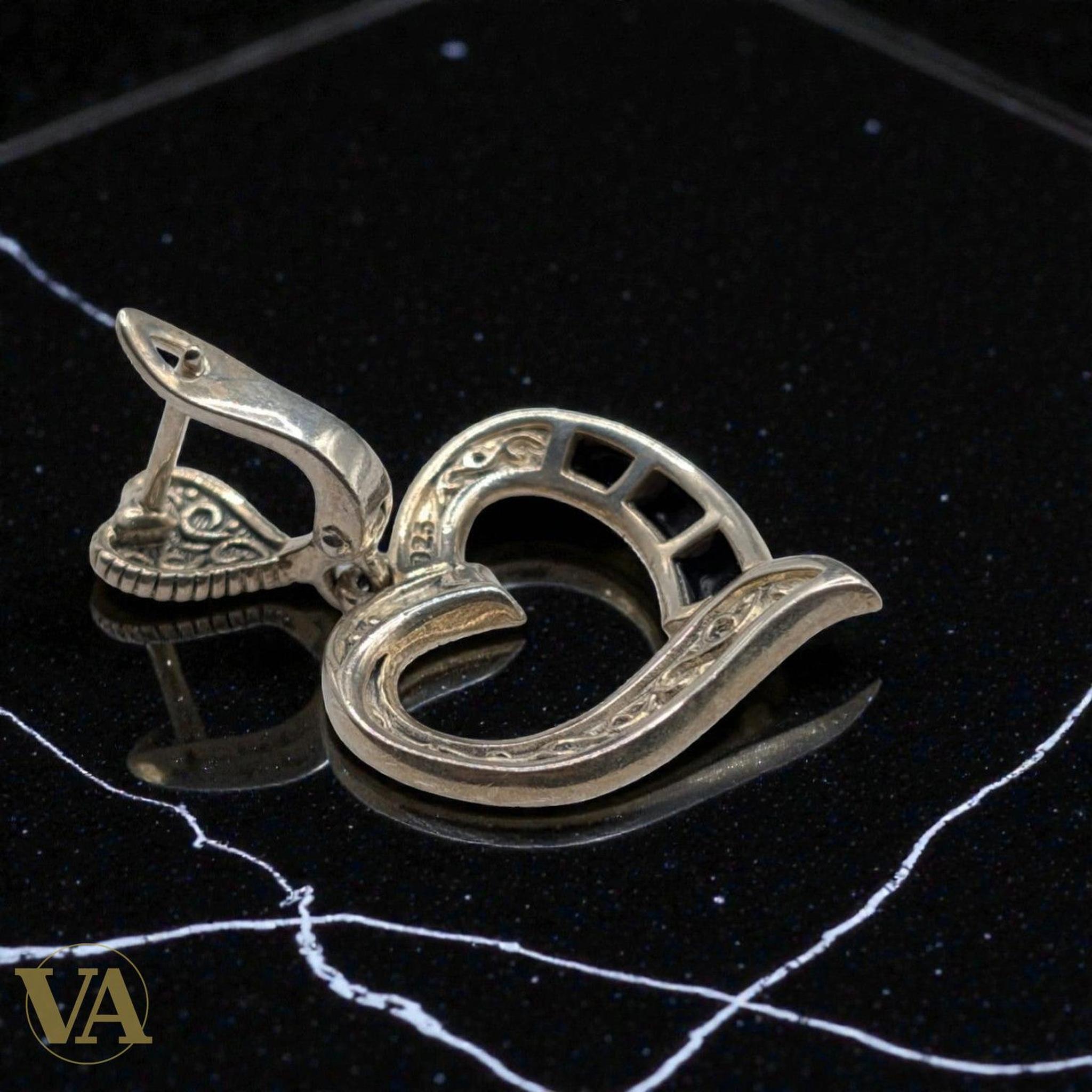 Boucles d'Oreilles Femme Argent 925 Cœur Onyx et Marcassite - Argent 925 - Vindicta