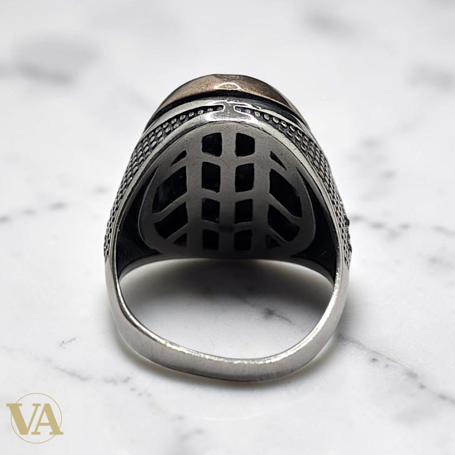 Chevalière Homme Argent 925 Agate Ribanée Ovale Halo Zircons Noirs - Argent 925 - Vindicta