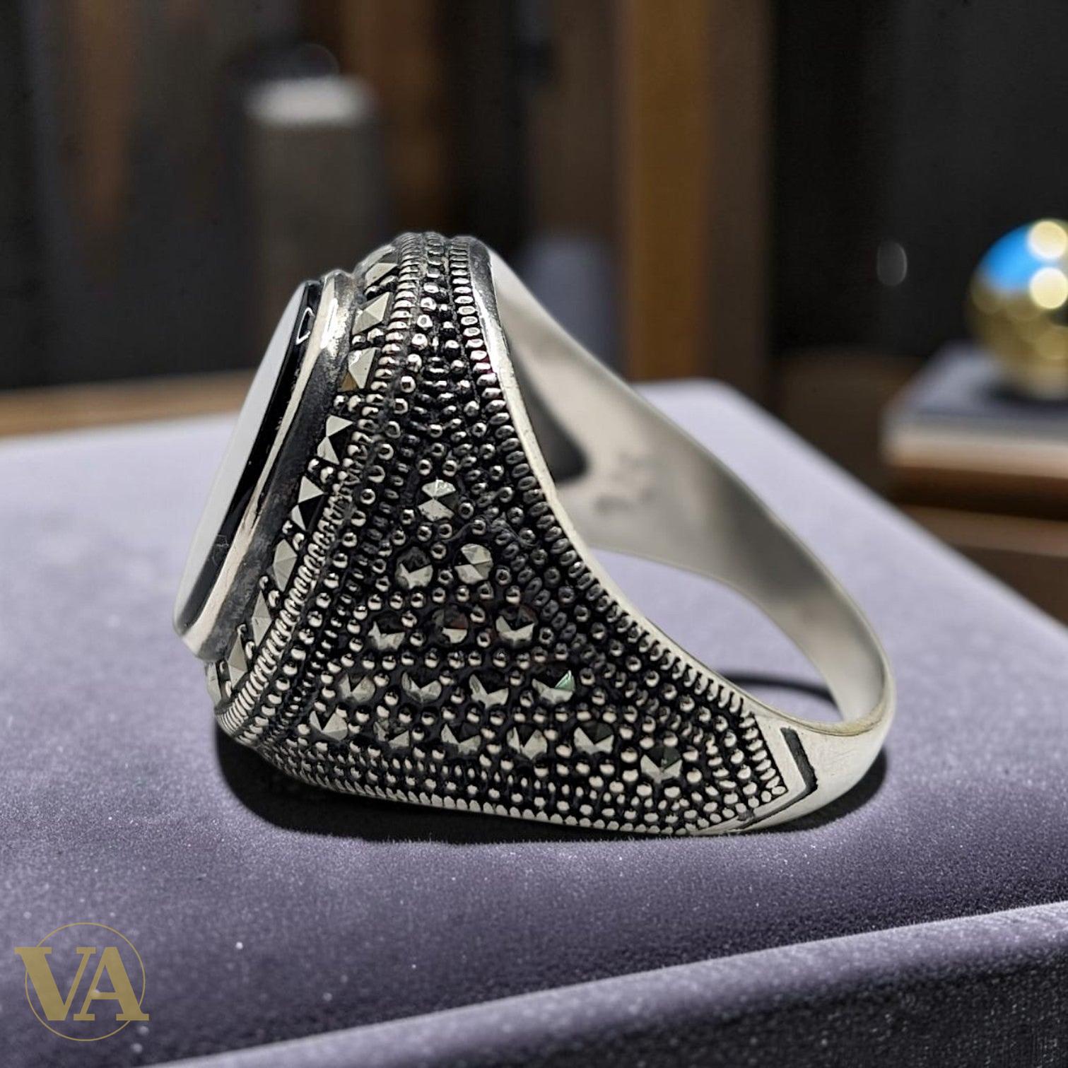 Chevalière Homme Argent 925 Onyx Noir Marcassite Dôme