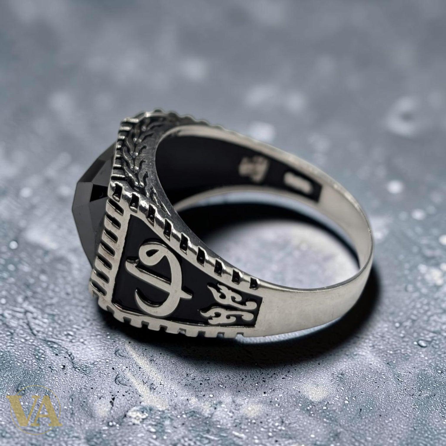 Chevalière Homme Argent 925 Onyx Noir Calligraphie Arabe Arabesques Ottoman-Vindicta : Bijoux Argent 925 Massif, Luxe et Héritage
