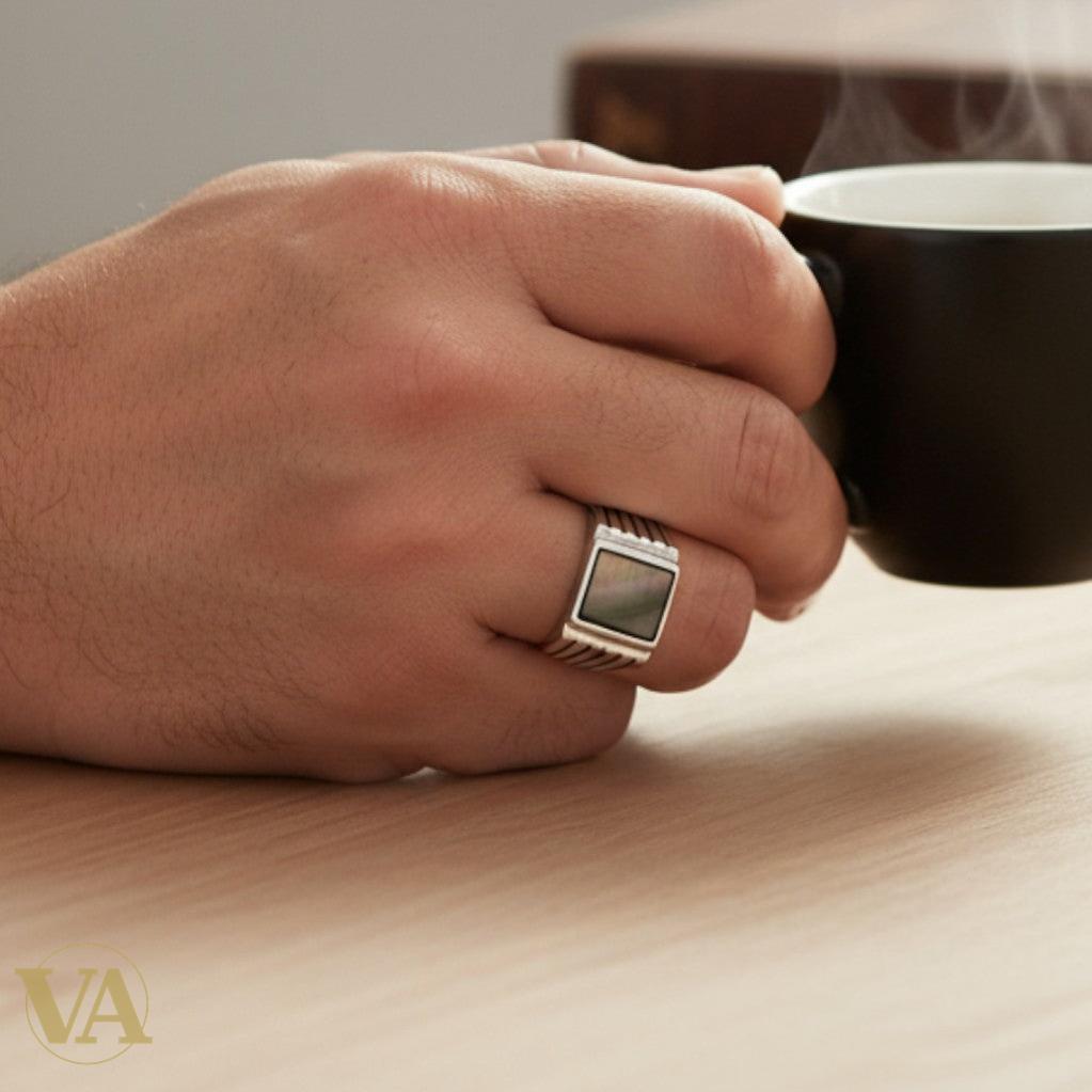 Bague Homme Argent 925 – Pierre Nacre Carrée