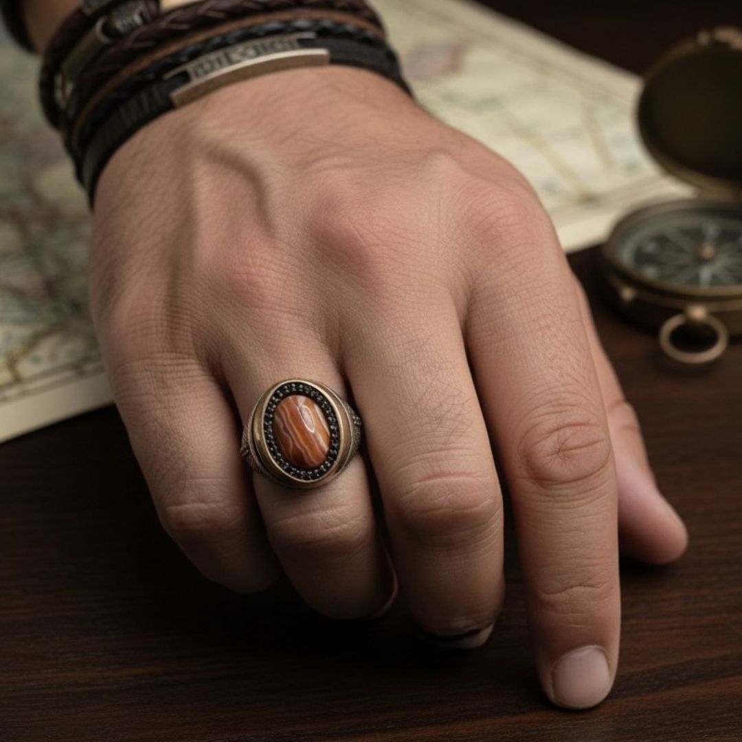 Chevalière Homme Argent 925 Agate Ribanée Ovale Halo Zircons Noirs-Vindicta : Bijoux Argent 925 Massif, Luxe et Héritage