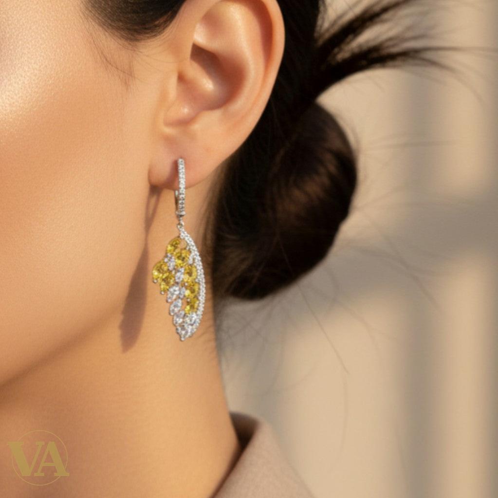 Boucles d’oreilles femme argent 925 citrine et oxydes – Motif feuille élégant