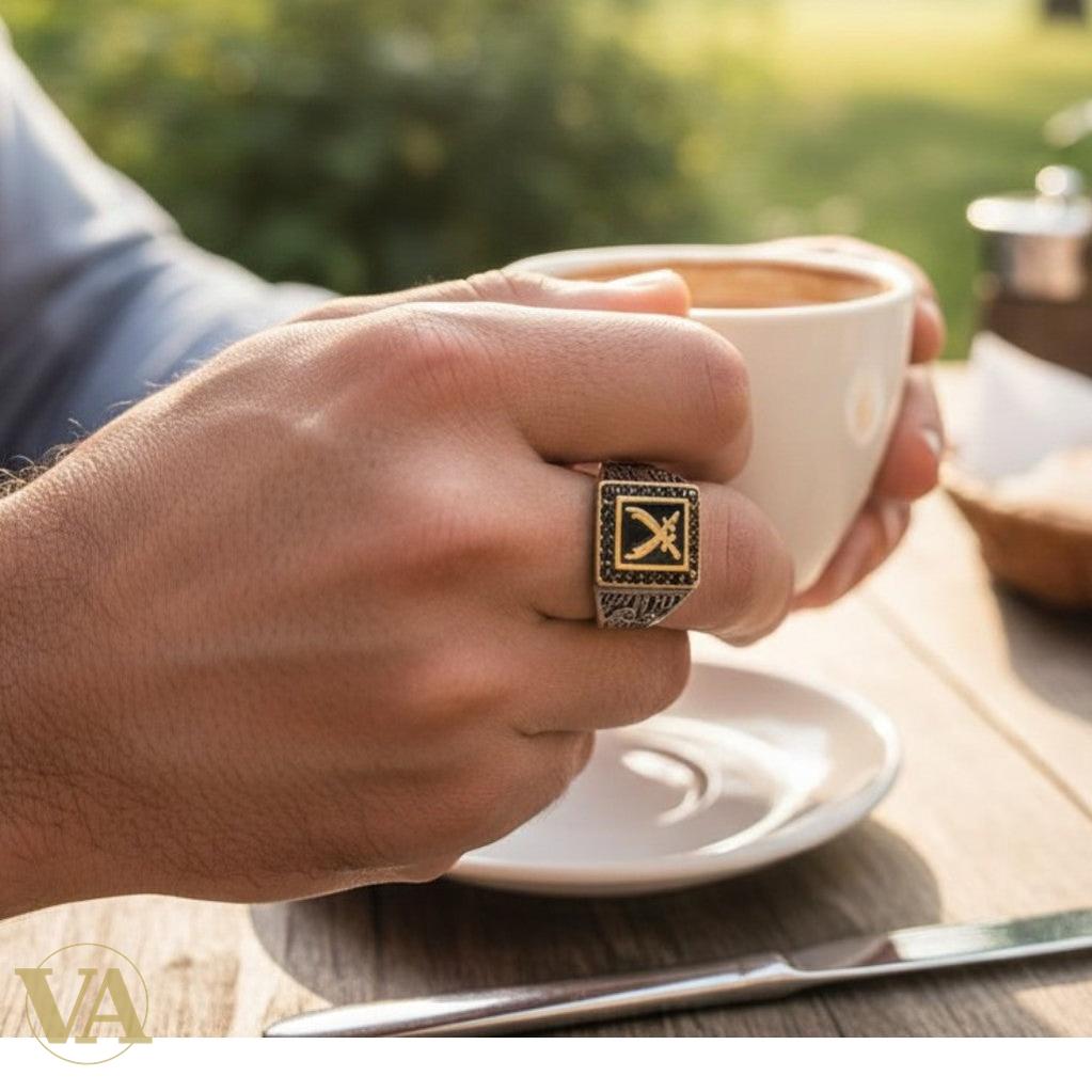 Bague homme argent 925 – Sabres Croisés & Onyx Noir | Bijoux Vindicta