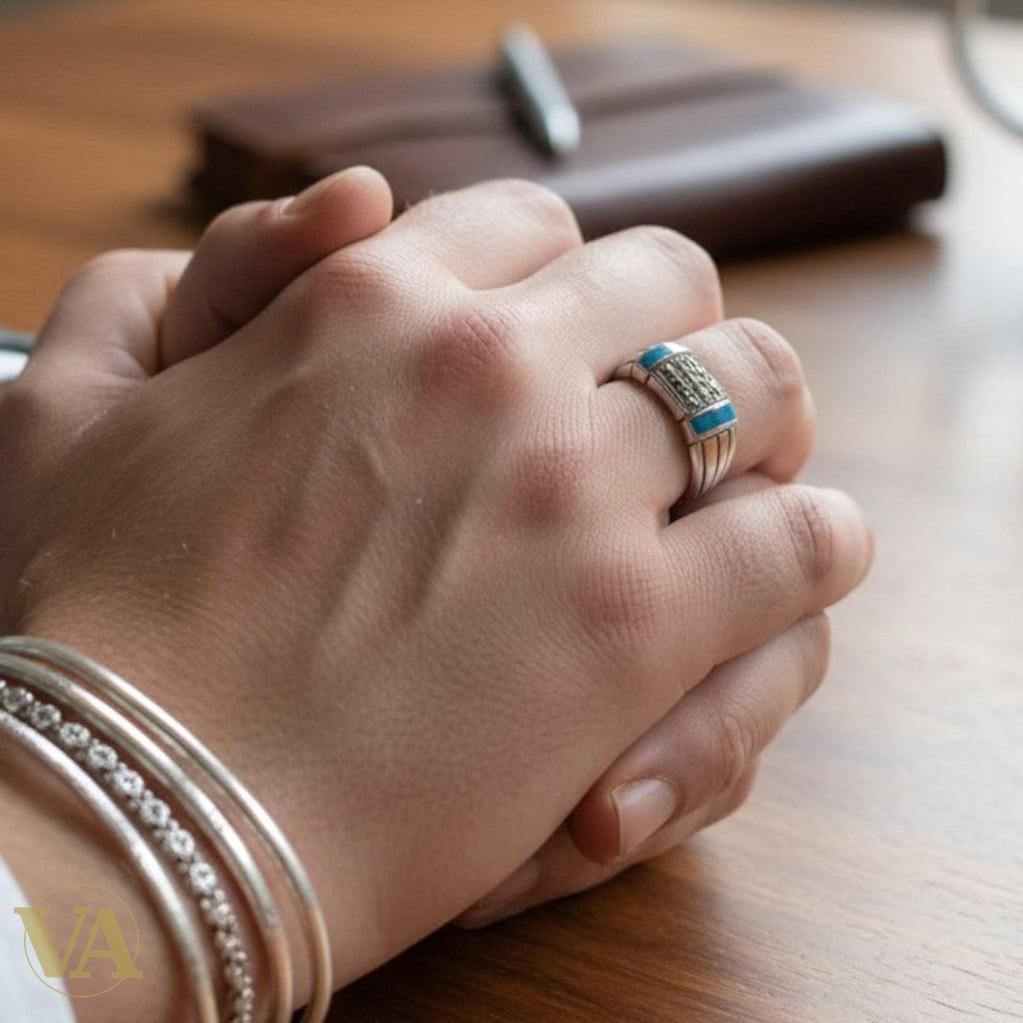 Bague Homme Argent 925 Turquoise & Marcassites – Pavé Géométrique Art Déco