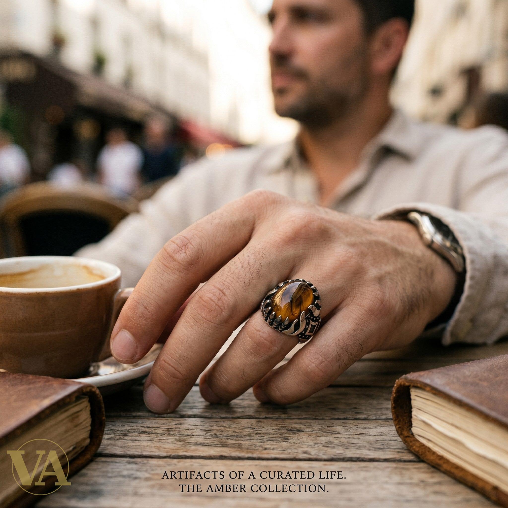 Chevalière Homme Argent 925 Ambre Jaune Naturel Sertissage Griffes Sculpté-Vindicta : Bijoux Argent 925 Massif, Luxe et Héritage