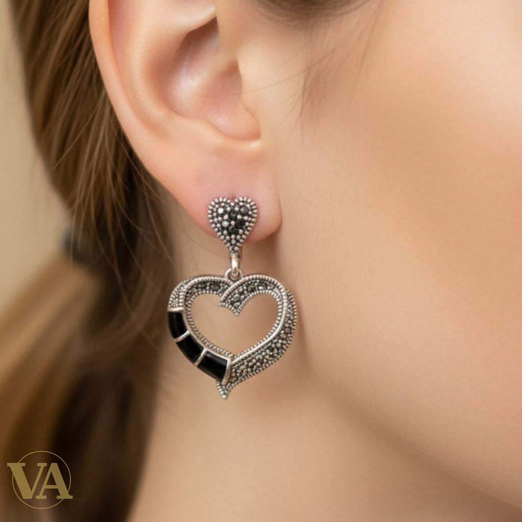 Boucles d'Oreilles Argent 925 Cœur Onyx et Marcassite
