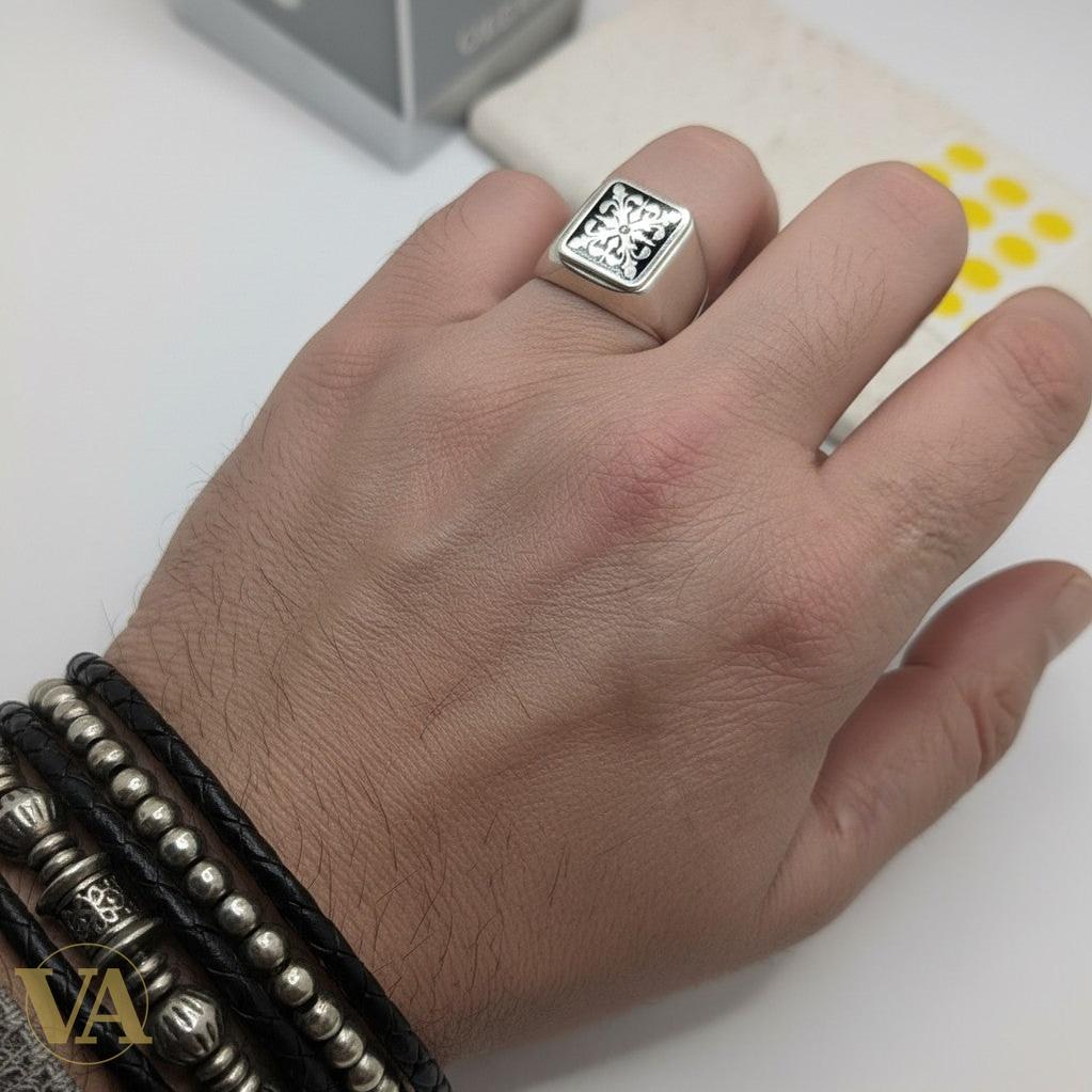 Chevalière Homme Argent 925 Onyx Noir Motif Héraldique-Vindicta : Bijoux Argent 925 Massif, Luxe et Héritage