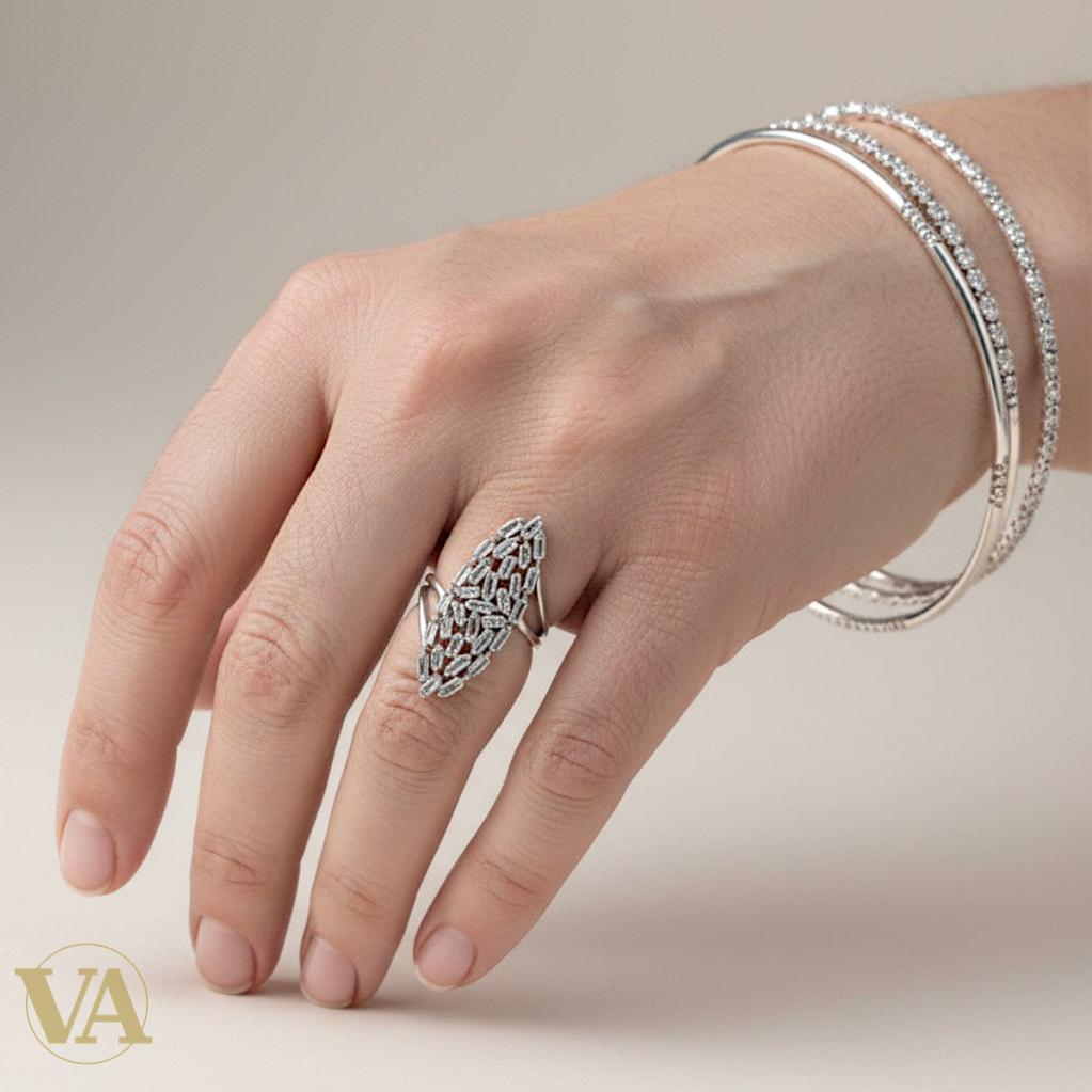 Bague femme argent 925 Marquise pavée Zircons baguette