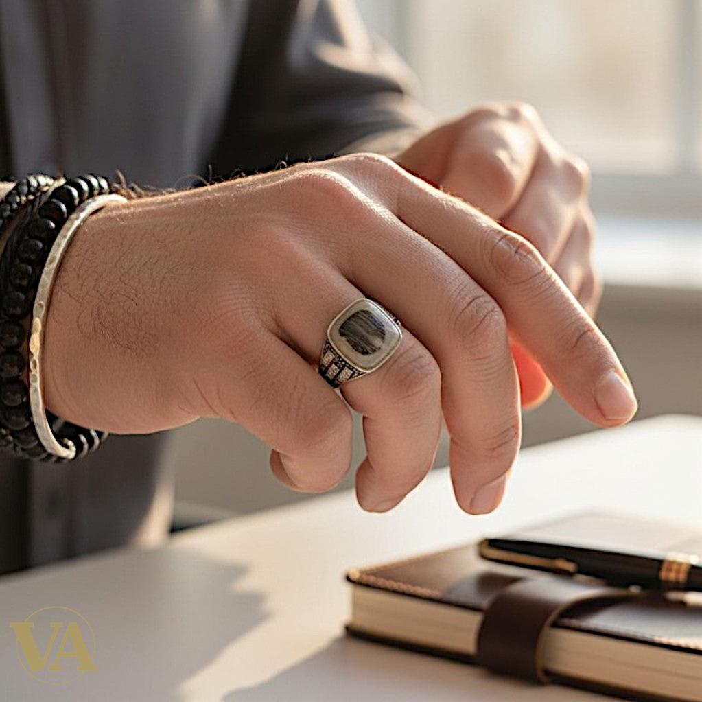 Chevalière Homme Argent 925 & Agate Bicolore – Motif Géométrique Art Déco & Zircons