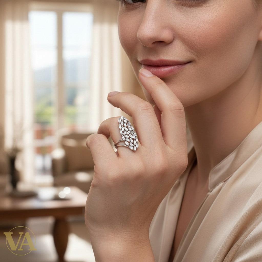 Bague femme argent 925 Marquise pavée Zircons baguette