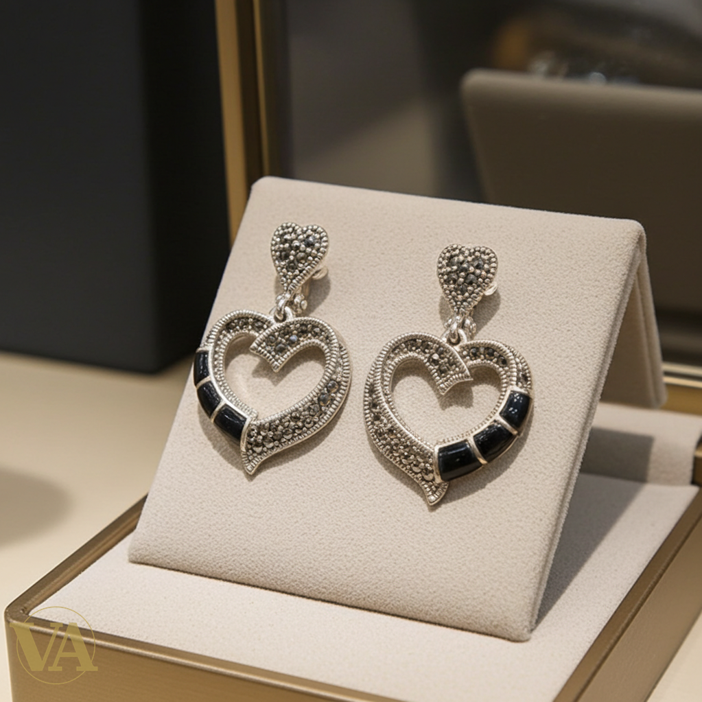 Boucles d'Oreilles Femme Argent 925 Cœur Onyx et Marcassite-Vindicta : Bijoux Argent 925 Massif, Luxe et Héritage