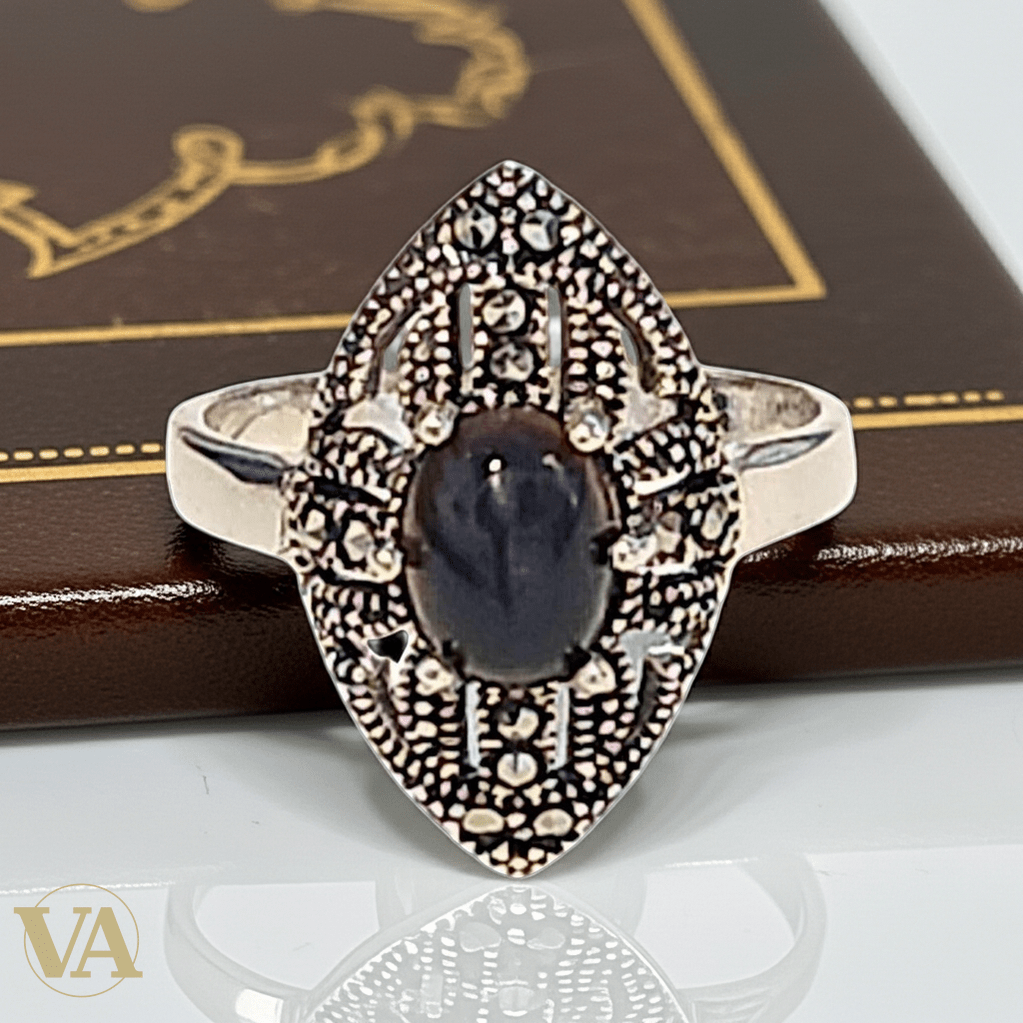 Bague Femme Argent 925 Onyx Noir Ovale Allongé & Marcassites - Argent 925 - Vindicta