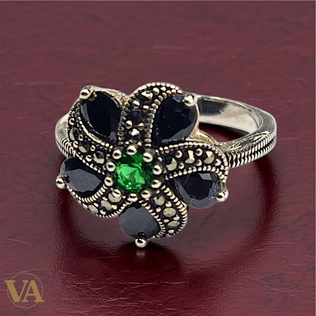 Bague Femme fleur argent 925 marcassite – Pierres noires et vertes-Vindicta : Bijoux Argent 925 Massif, Luxe et Héritage