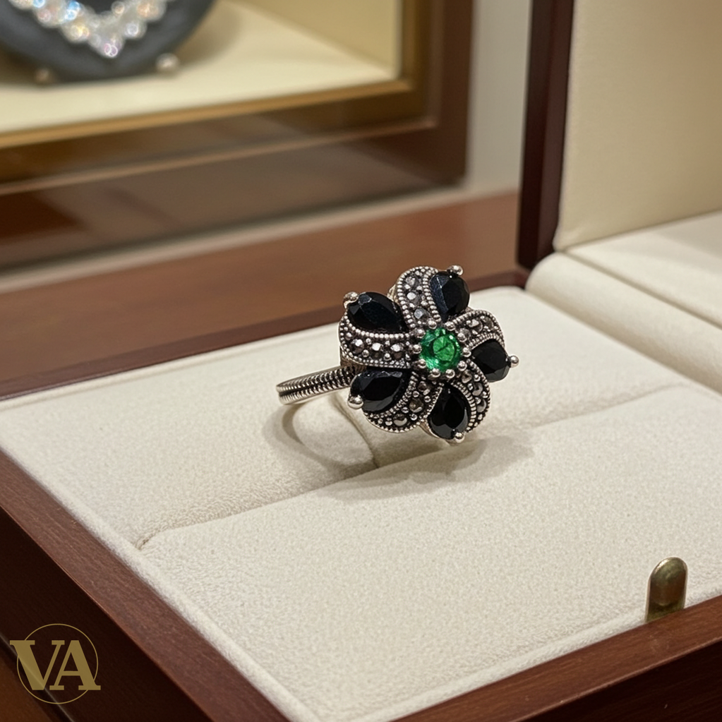 Bague Femme fleur argent 925 marcassite – Pierres noires et vertes-Vindicta : Bijoux Argent 925 Massif, Luxe et Héritage
