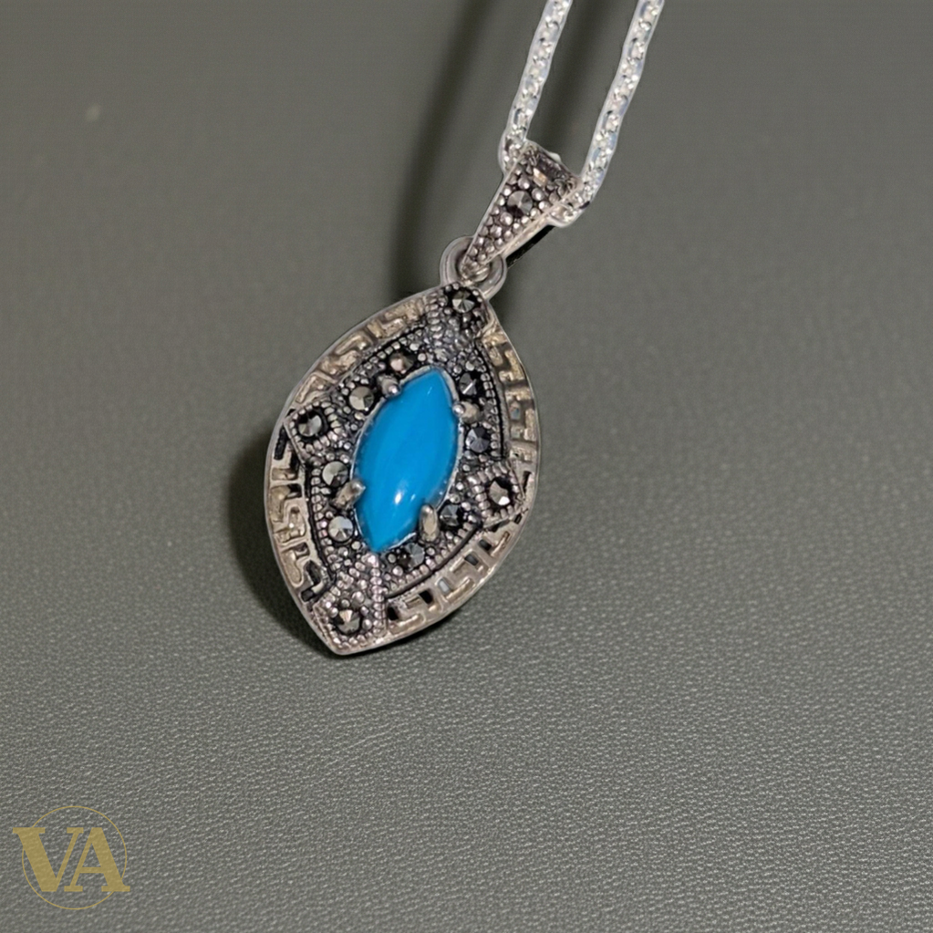 Collier Femme Turquoise Marcassite Argent 925 - Pendentif Art Déco Bleu-Vindicta : Bijoux Argent 925 Massif, Luxe et Héritage