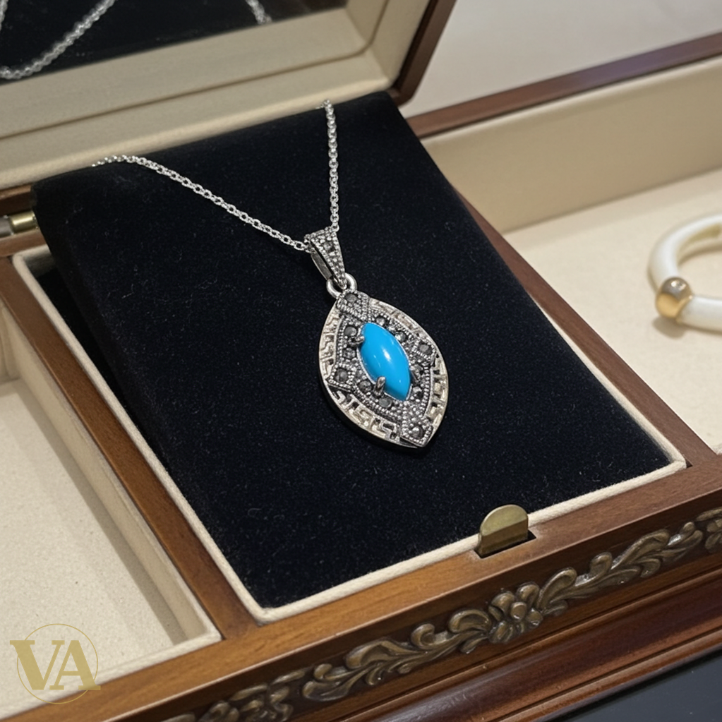Collier Femme Turquoise Marcassite Argent 925 - Pendentif Art Déco Bleu-Vindicta : Bijoux Argent 925 Massif, Luxe et Héritage