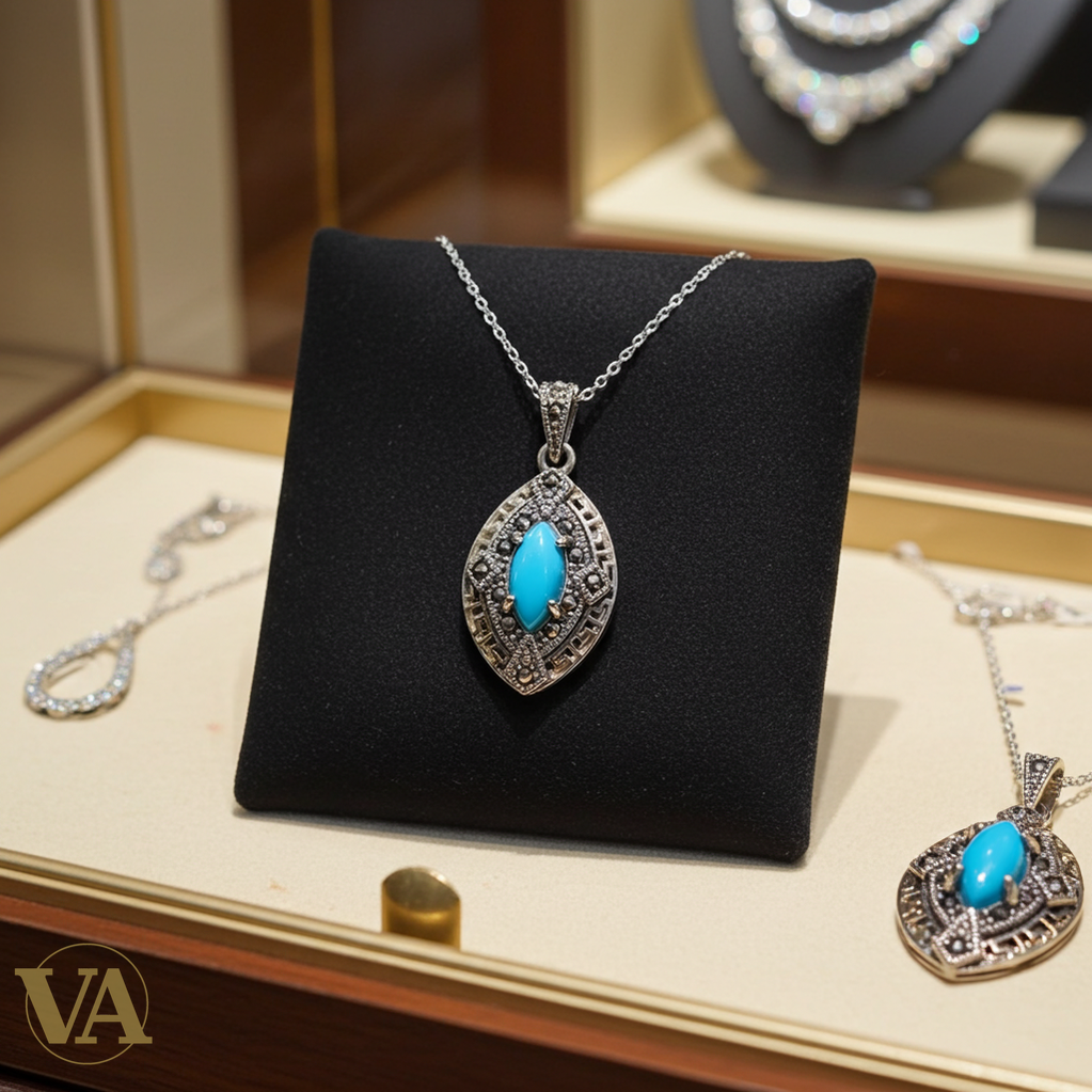 Collier Femme Turquoise Marcassite Argent 925 - Pendentif Art Déco Bleu-Vindicta : Bijoux Argent 925 Massif, Luxe et Héritage