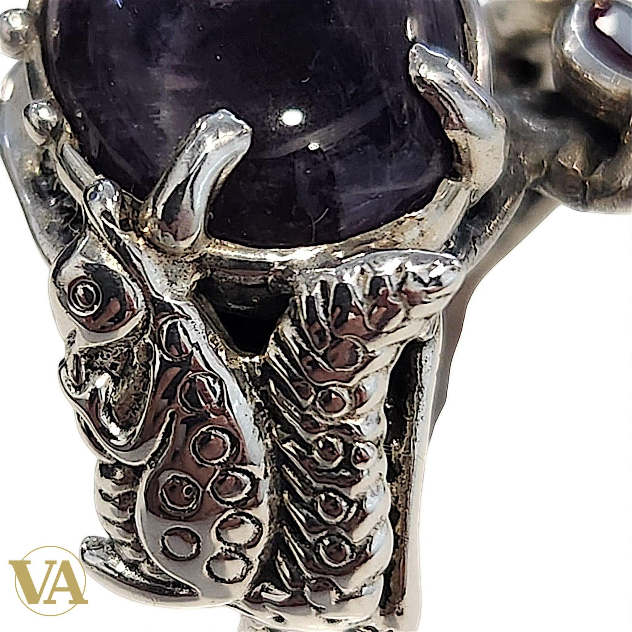 Bague argent 925 cabochon Améthyste et pierres rouges/vertes