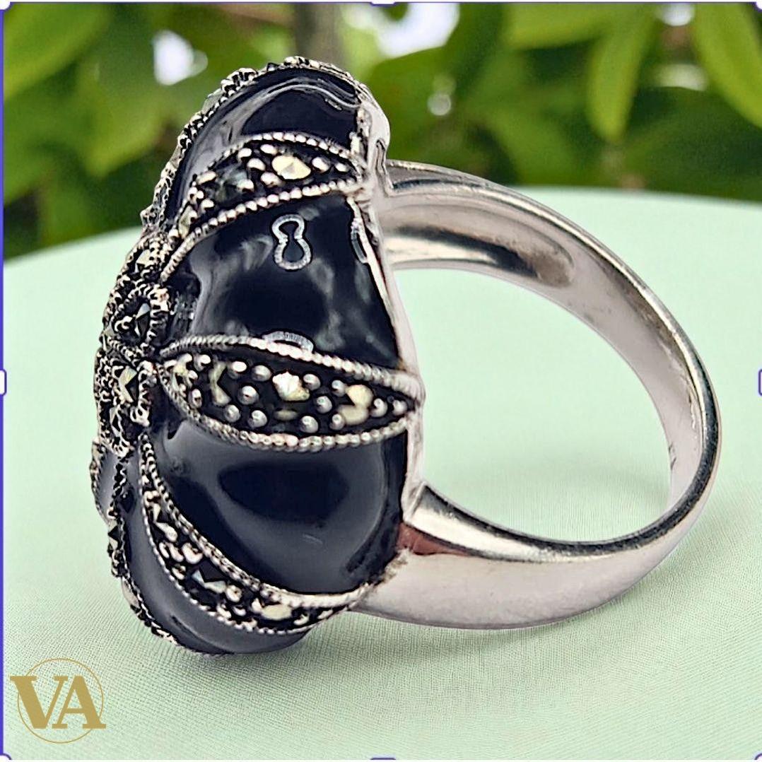Bague femme argent 925 onyx noir et marcassites | Bijoux Vindicta