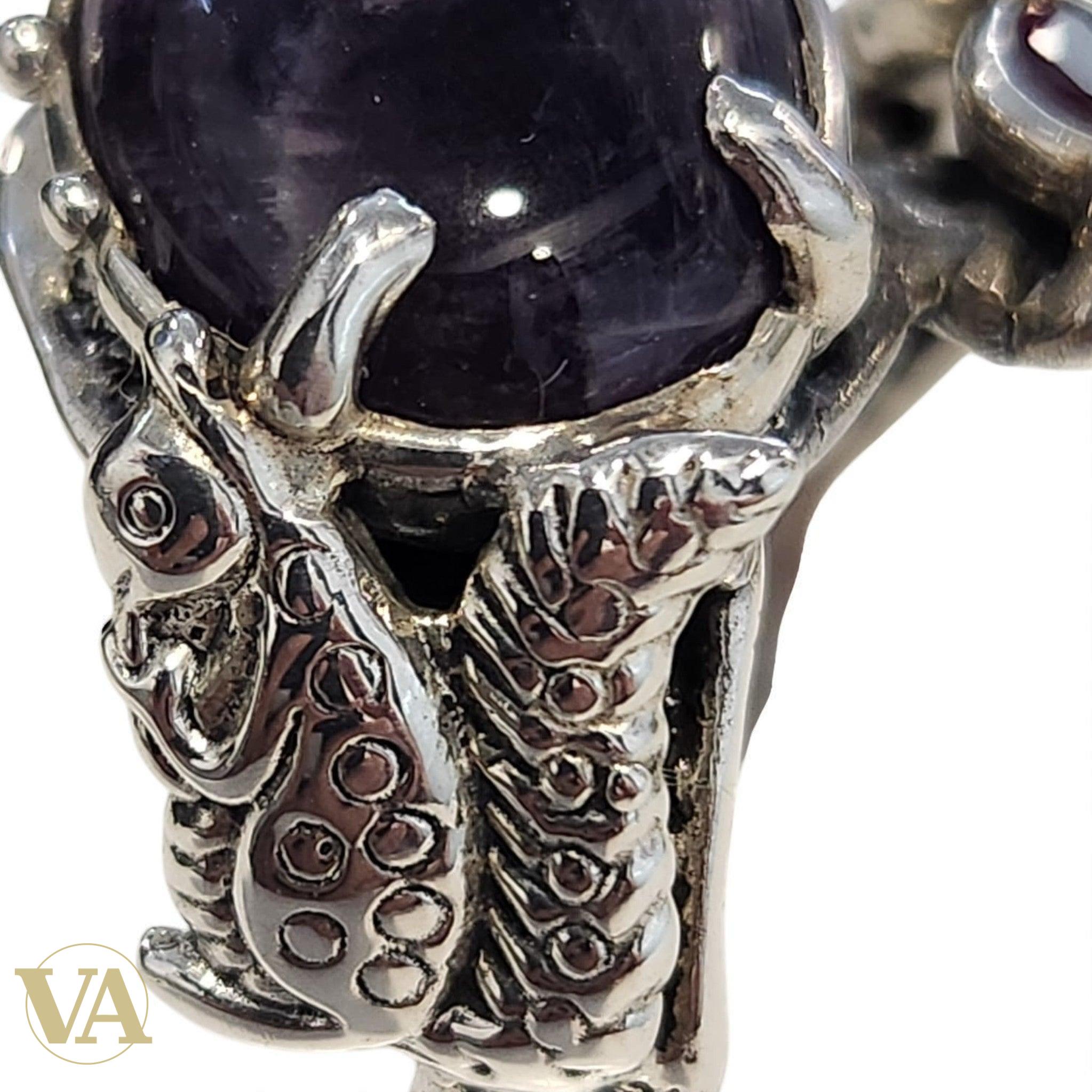 Bague argent 925 cabochon Améthyste et pierres rouges/vertes