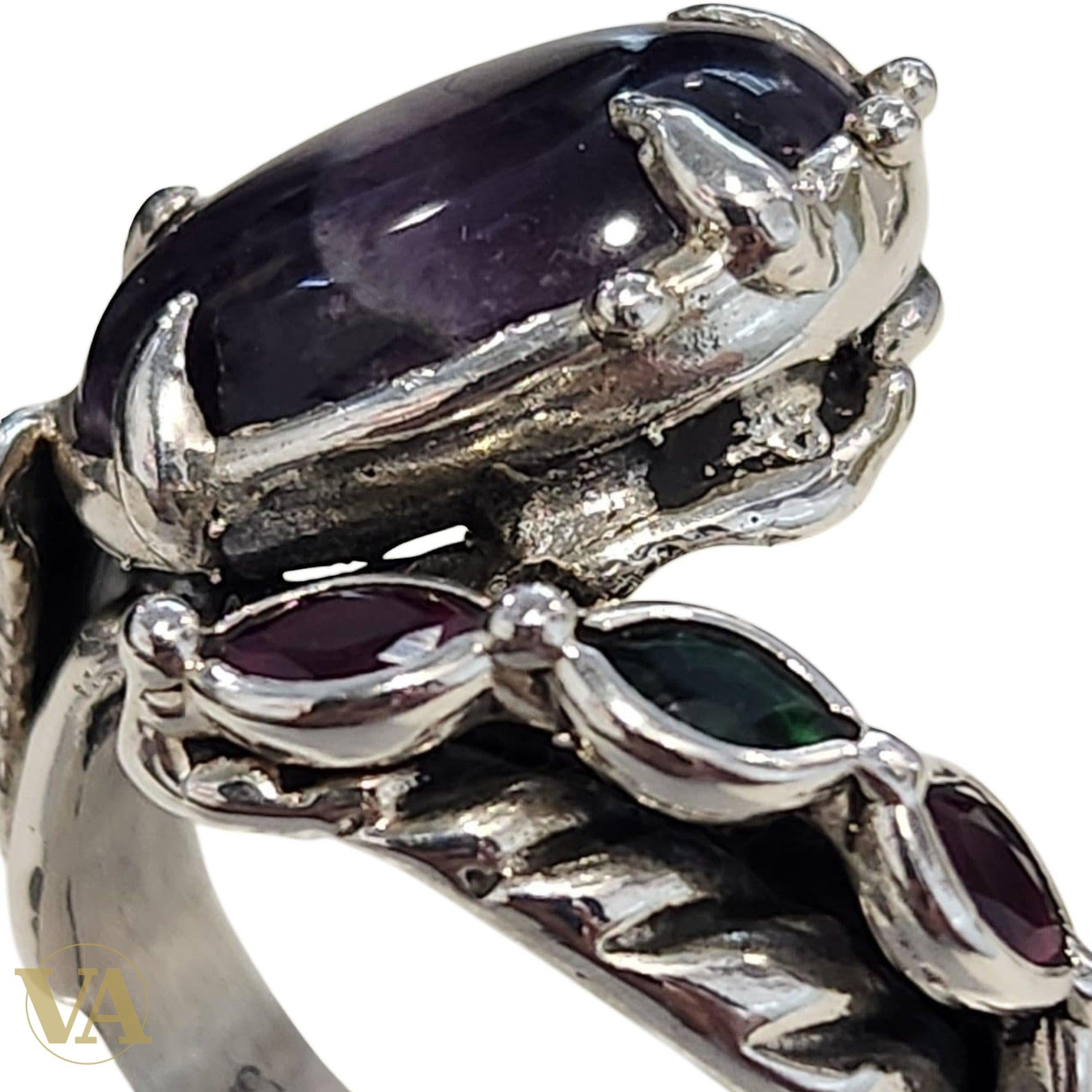 Bague argent 925 cabochon Améthyste et pierres rouges/vertes