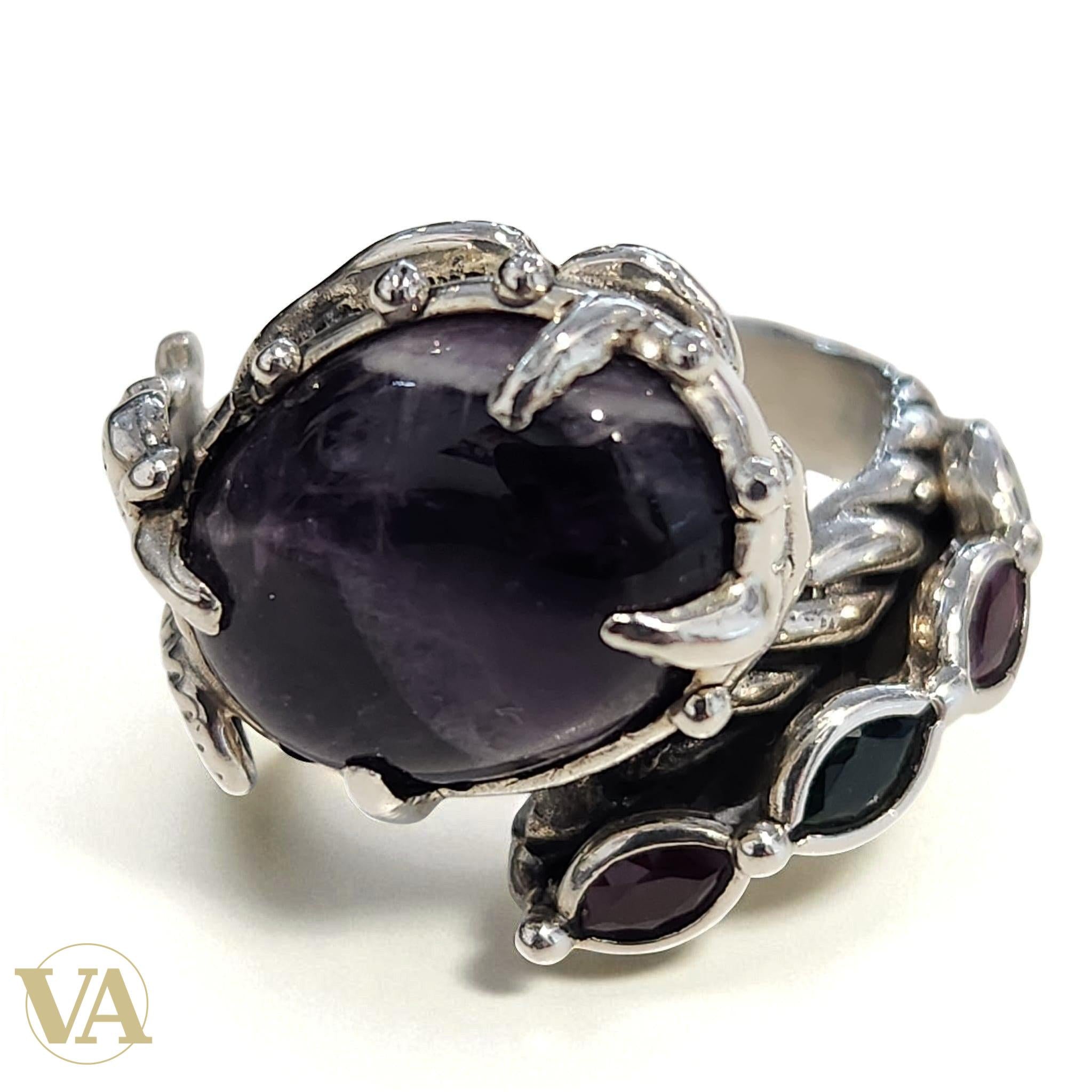 Bague argent 925 cabochon Améthyste et pierres rouges/vertes