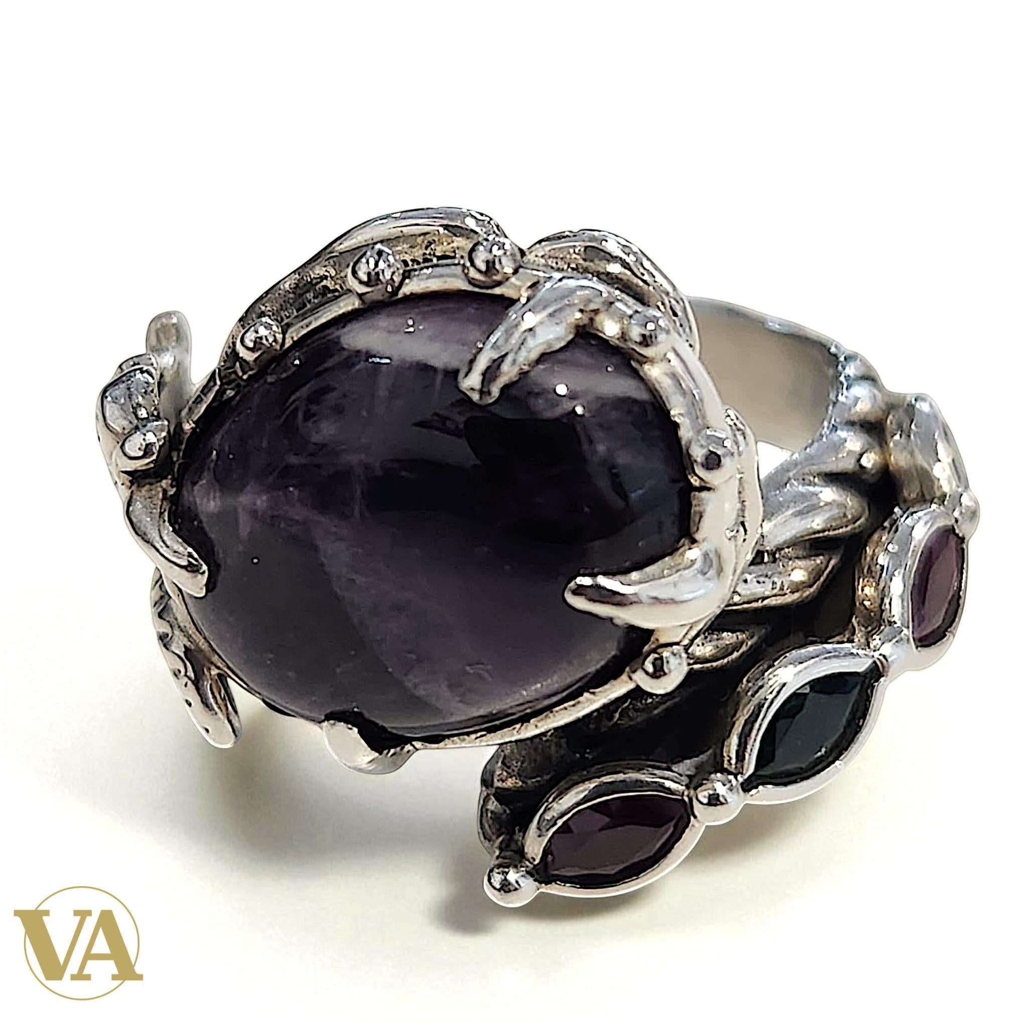 Bague argent 925 cabochon Améthyste et pierres rouges/vertes