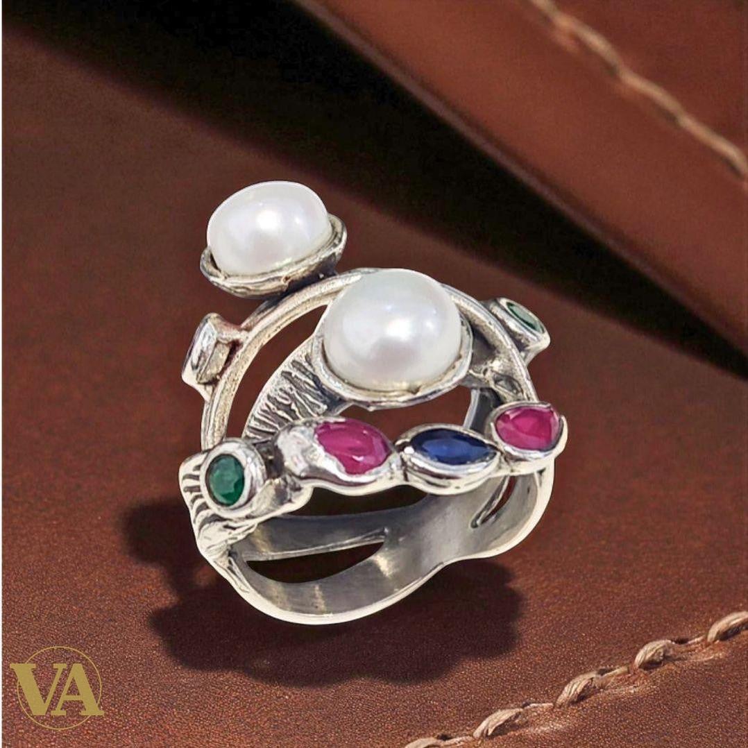 Bague Femme argent 925 perles et pierres colorées | Bijoux Vindicta