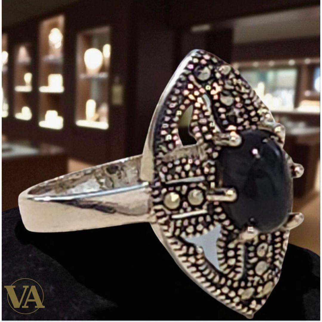 Bague argent 925 onyx noir et marcassites