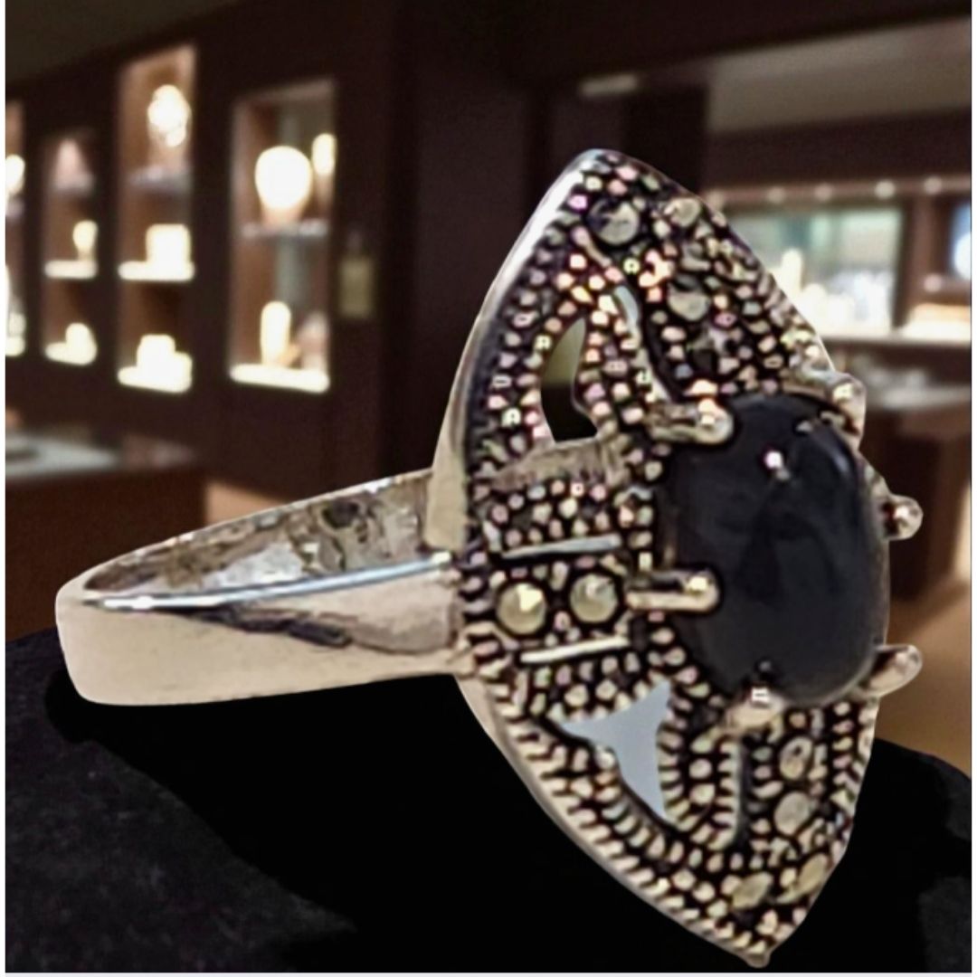 Bague argent 925 onyx noir et marcassites