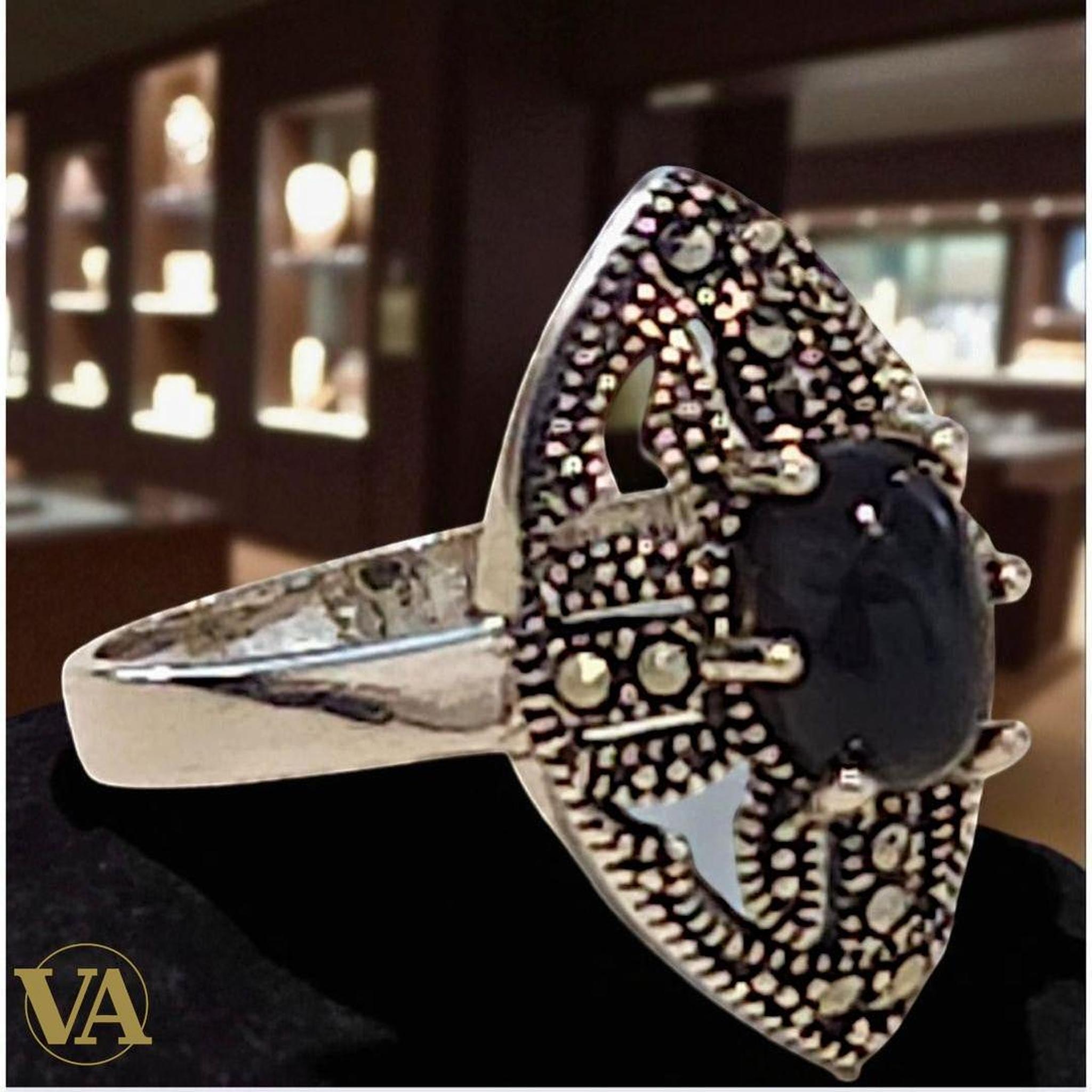 Bague Femme argent 925 onyx noir et marcassites | Bijoux Vindicta