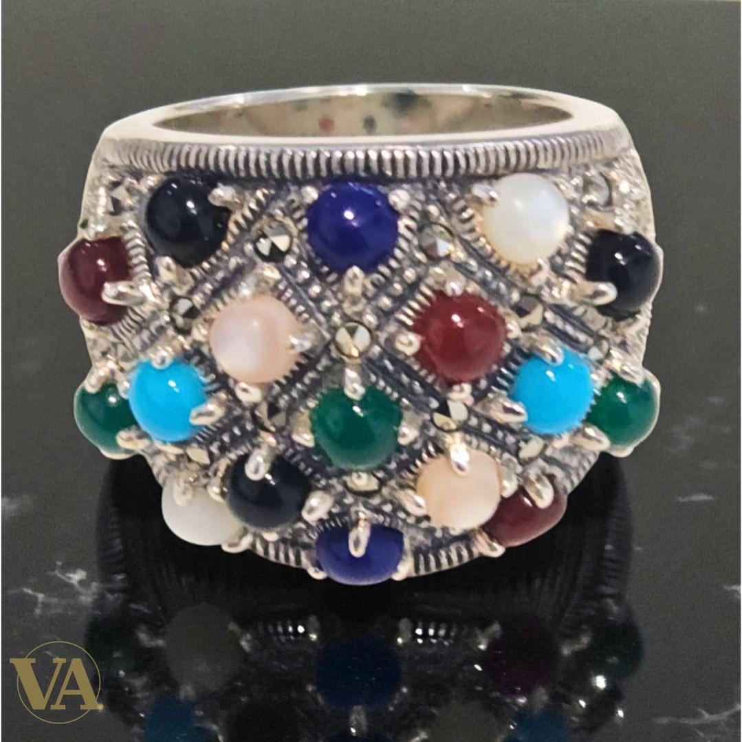 Bague femme Argent 925 – Pierres multicolores & Marcassite