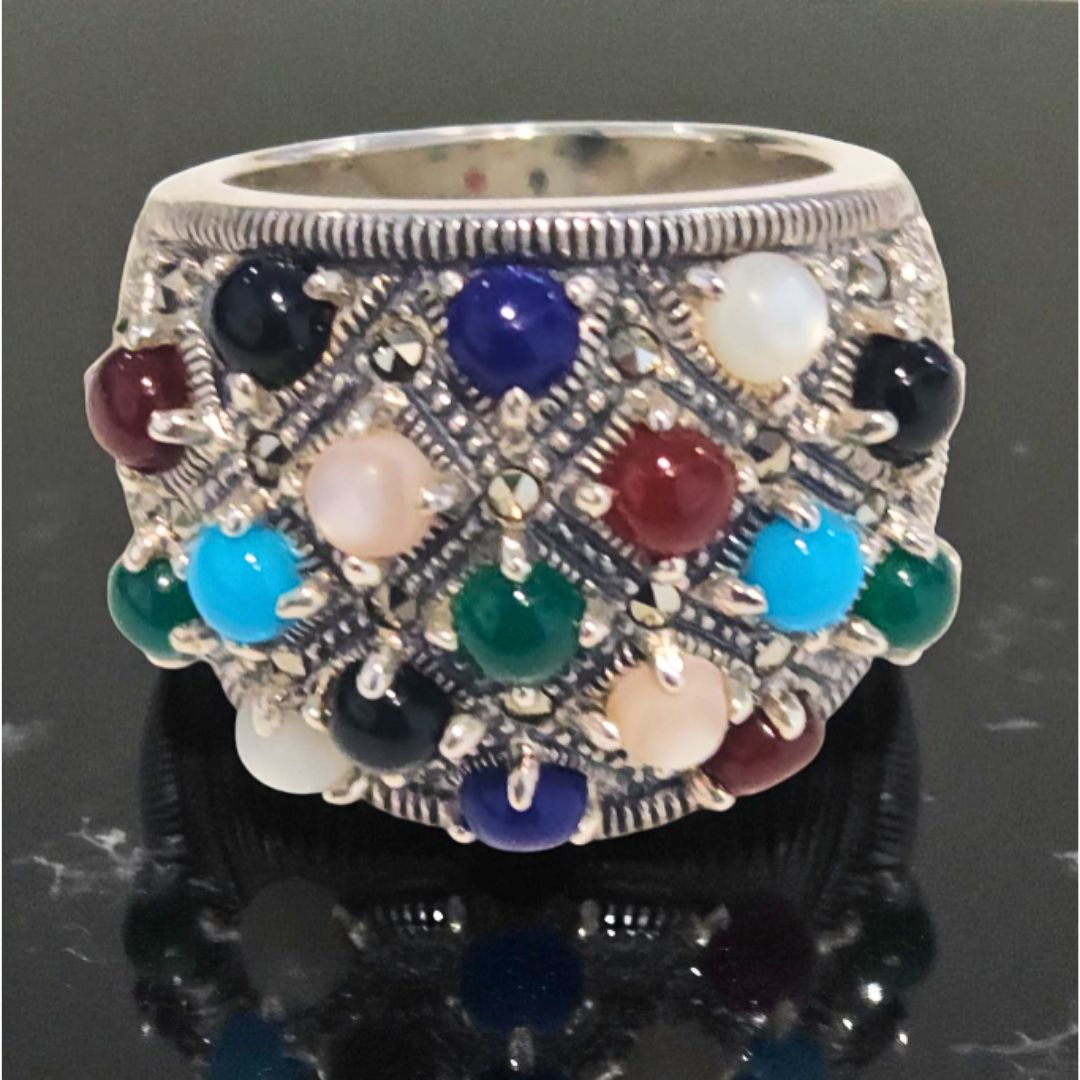 Bague Argent 925 Homme – Pierres multicolores & Marcassite