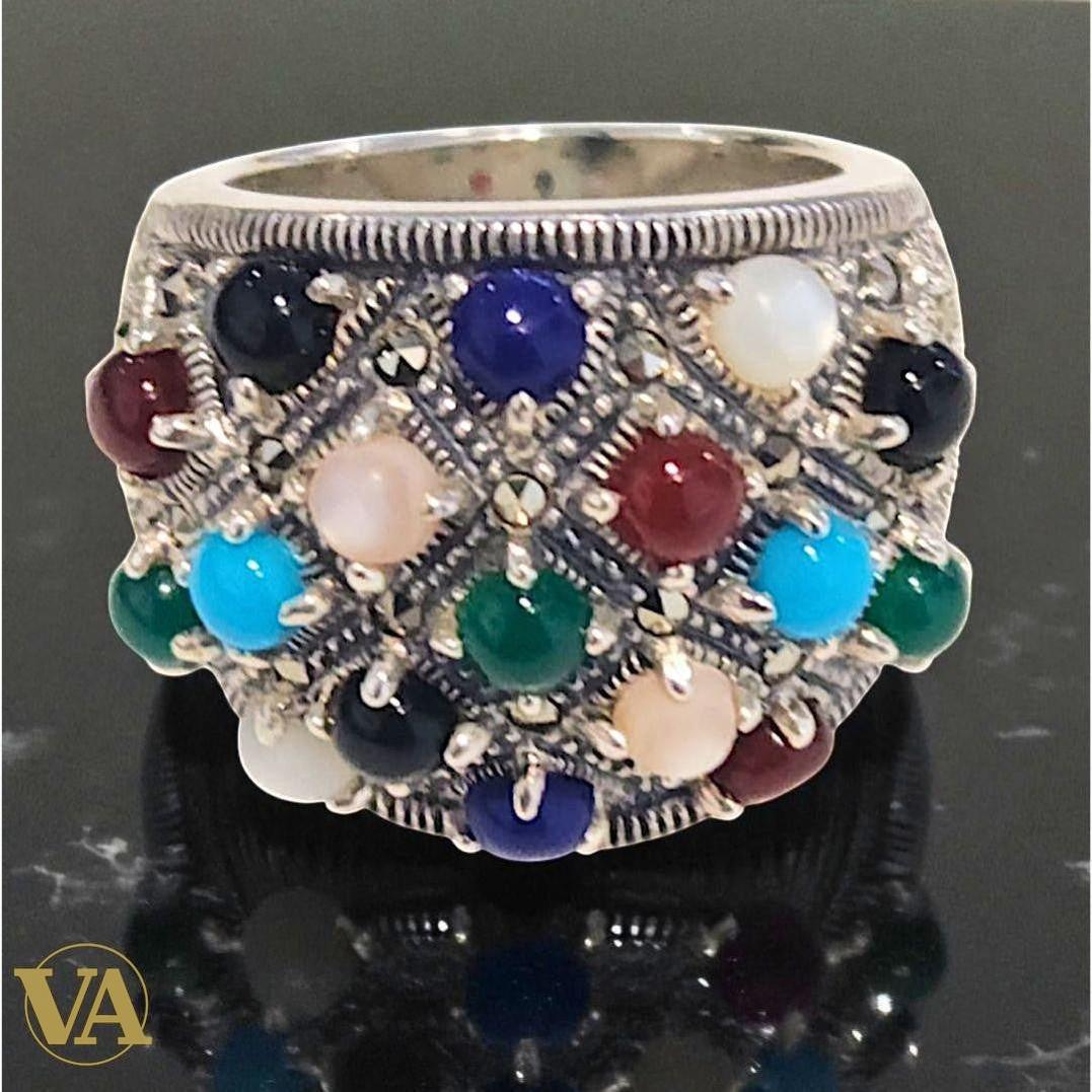 Bague femme Argent 925 – Pierres multicolores & Marcassite | Bijoux Vindicta