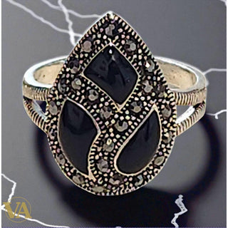 Women's Ring - 925 Sterling Silver, Black Onyx Teardrop, and Marcasite
