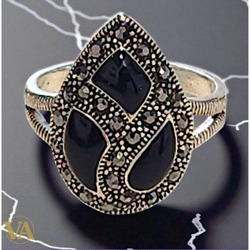 Bague Femme argent 925 goutte onyx noir et marcassites