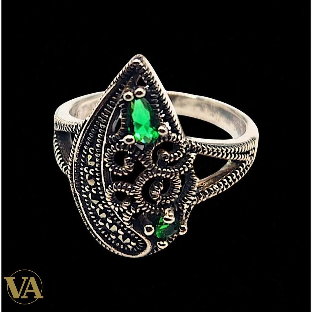 Bague argent 925 zirconium vert  éclatant et marcassite