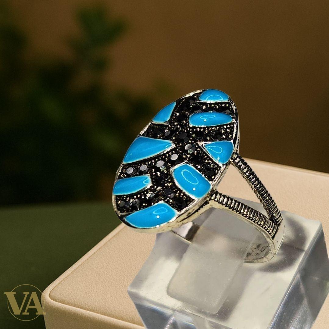 Bague argent 925 mosaïque turquoise et noir