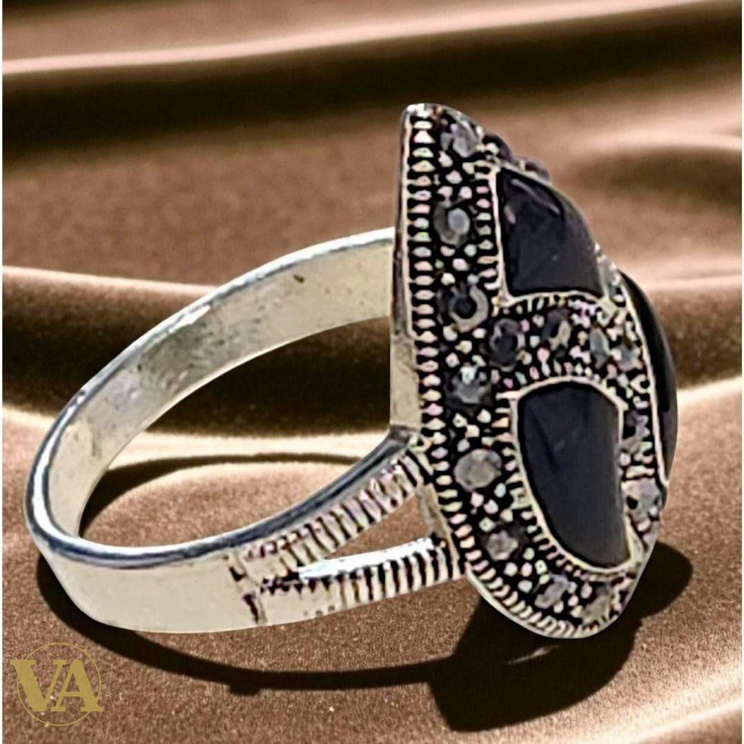 Bague argent 925 goutte onyx noir et marcassites
