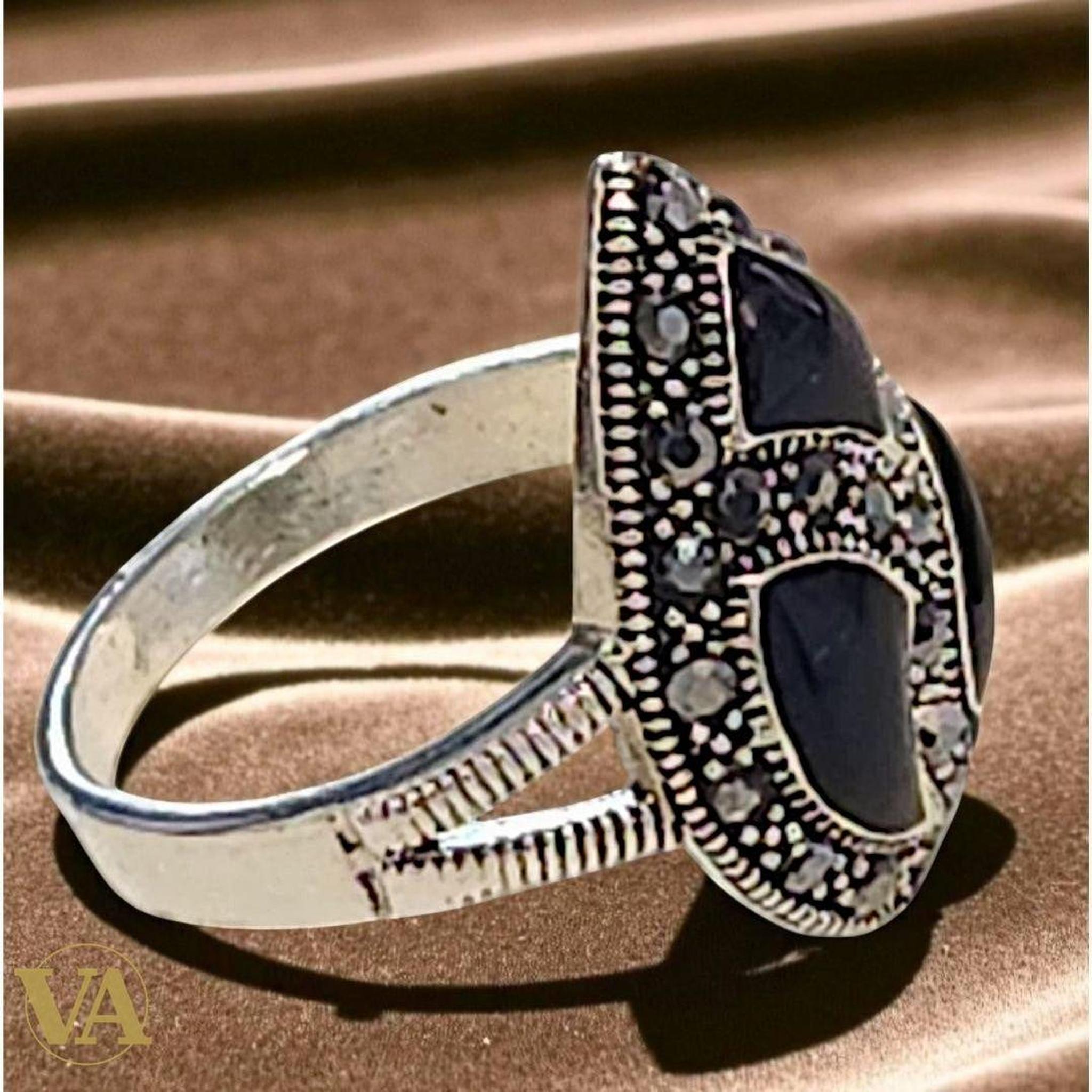 Bague Femme argent 925 goutte onyx noir et marcassites | Bijoux Vindicta