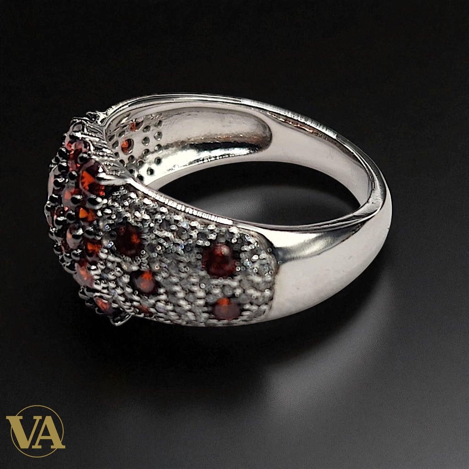 Bague argent 925 pavée de cristaux rouges