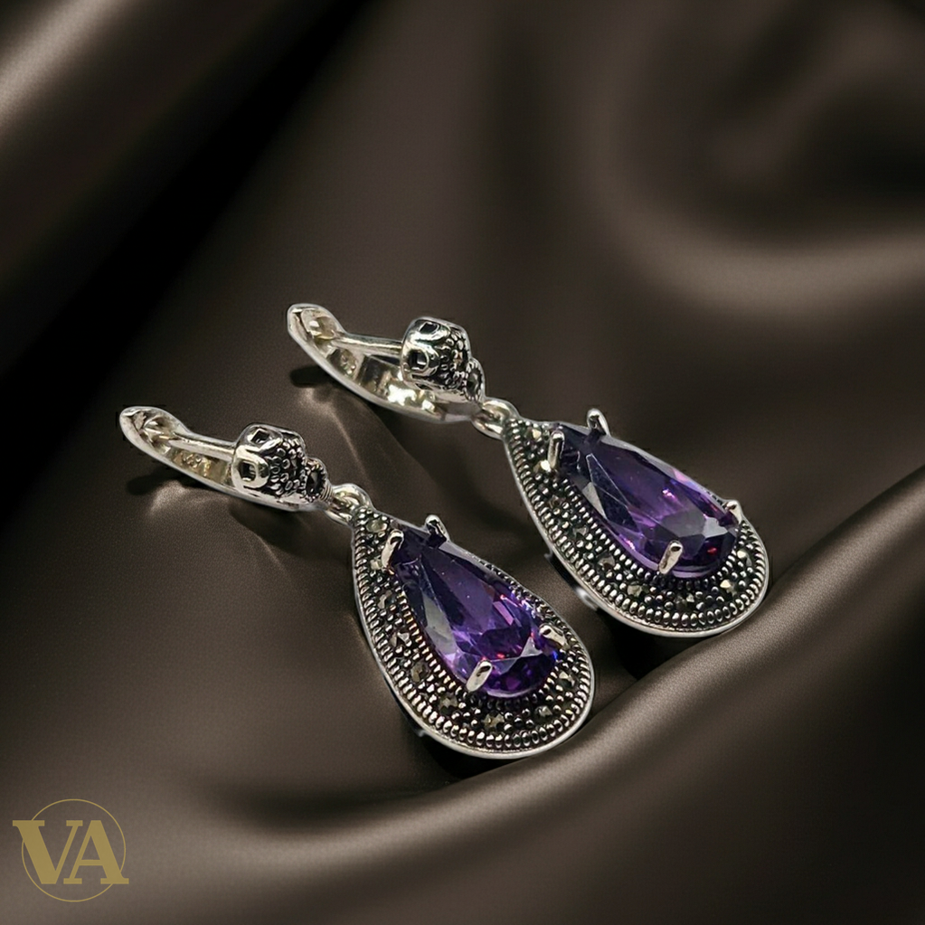 Boucles d’oreilles Femme pendantes goutte Améthyste en Argent 925 style vintage-Vindicta : Bijoux Argent 925 Massif, Luxe et Héritage
