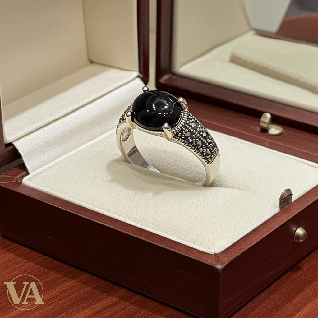 Bague femme Cabochon Noir Argent 925 & Marcassites - Argent 925 - Vindicta