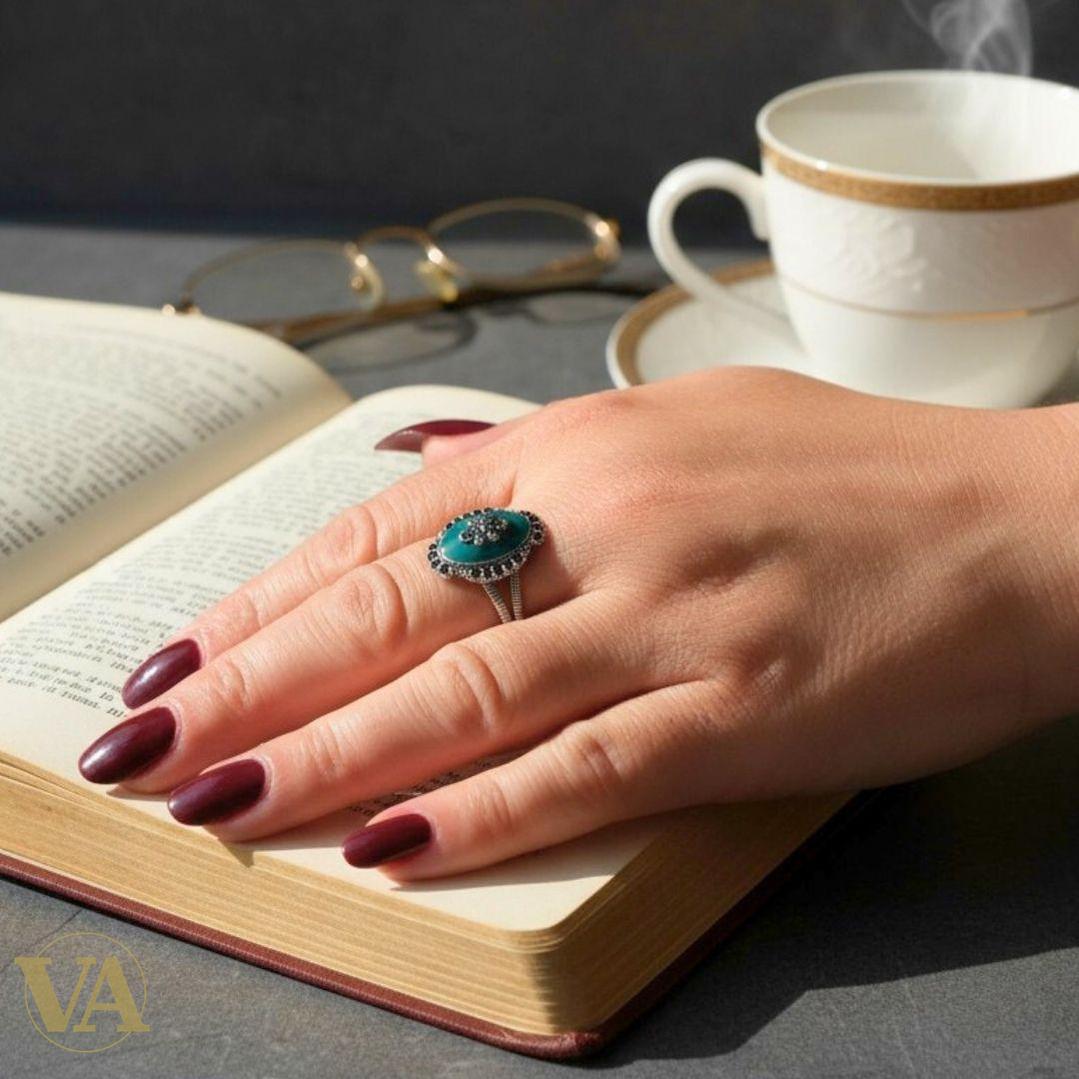 Bague femme argent 925 aventurine verte et marcassites