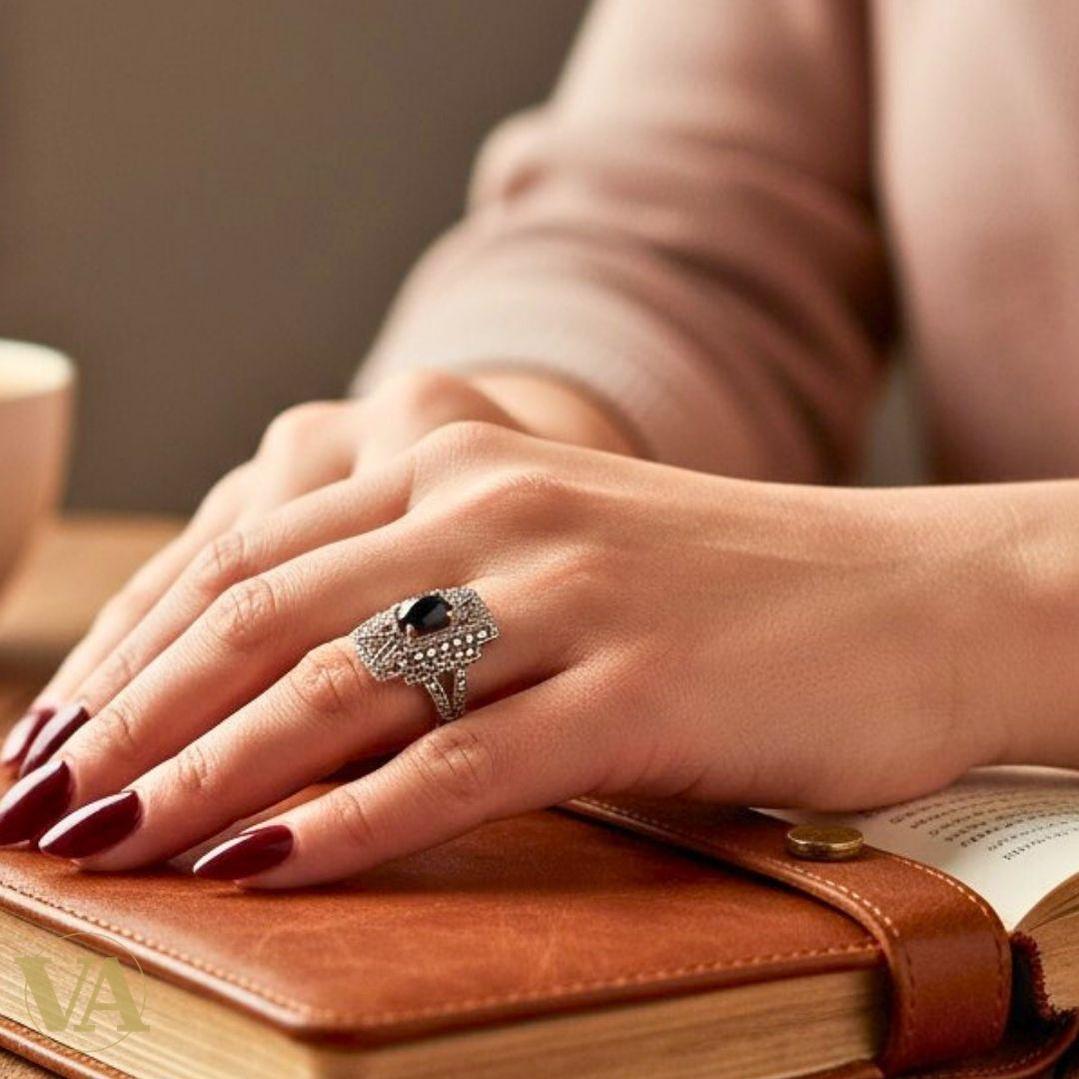 Bague Art Déco argent 925 – Marcassites & Onyx