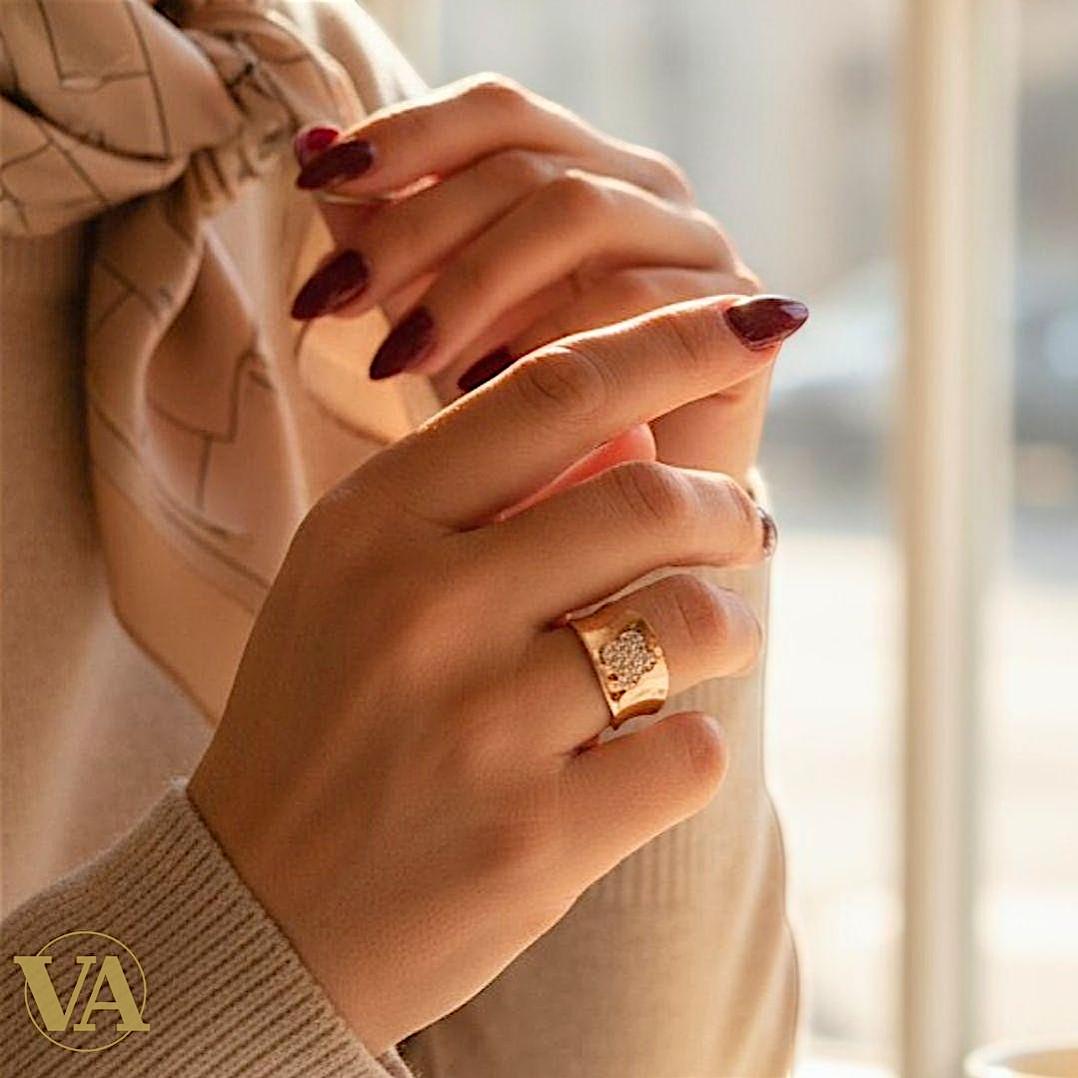 Bague argent 925 rosée – large anneau, trèfle pavé